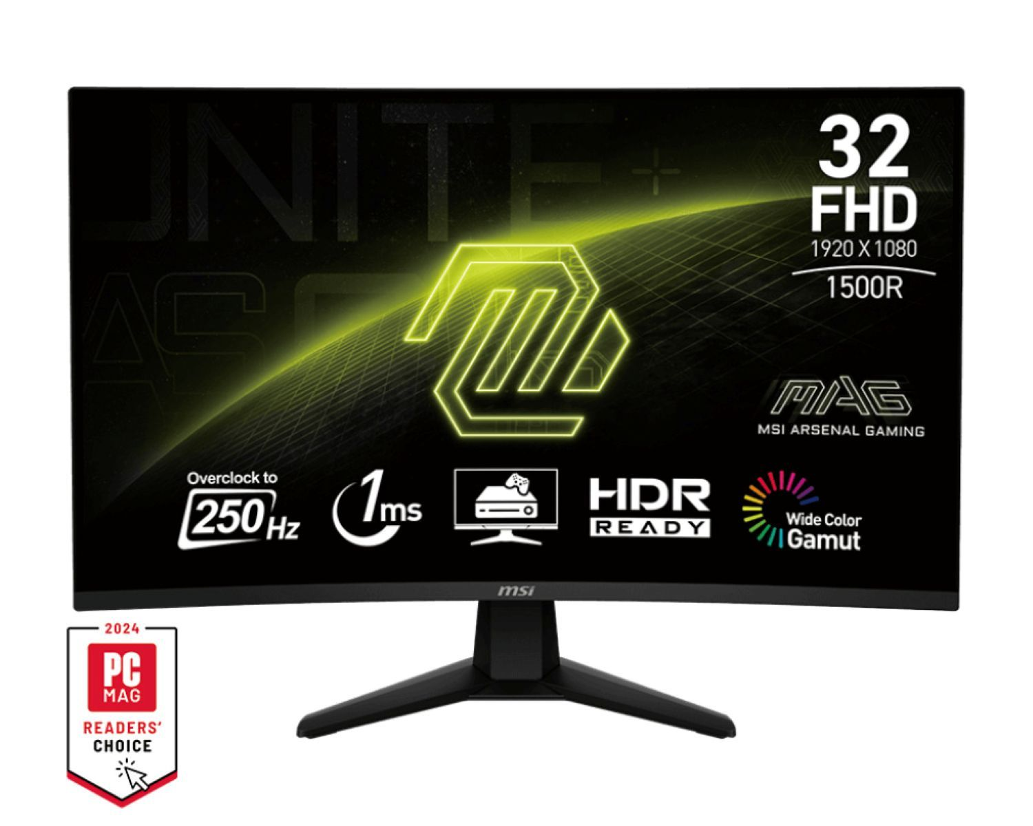 Ein gebogener MSI-Gaming-Monitor. Er hat einen schwarzen Rahmen und Ständer. Der Bildschirm zeigt Details wie 32 FHD, 1500R und HDR ready.
