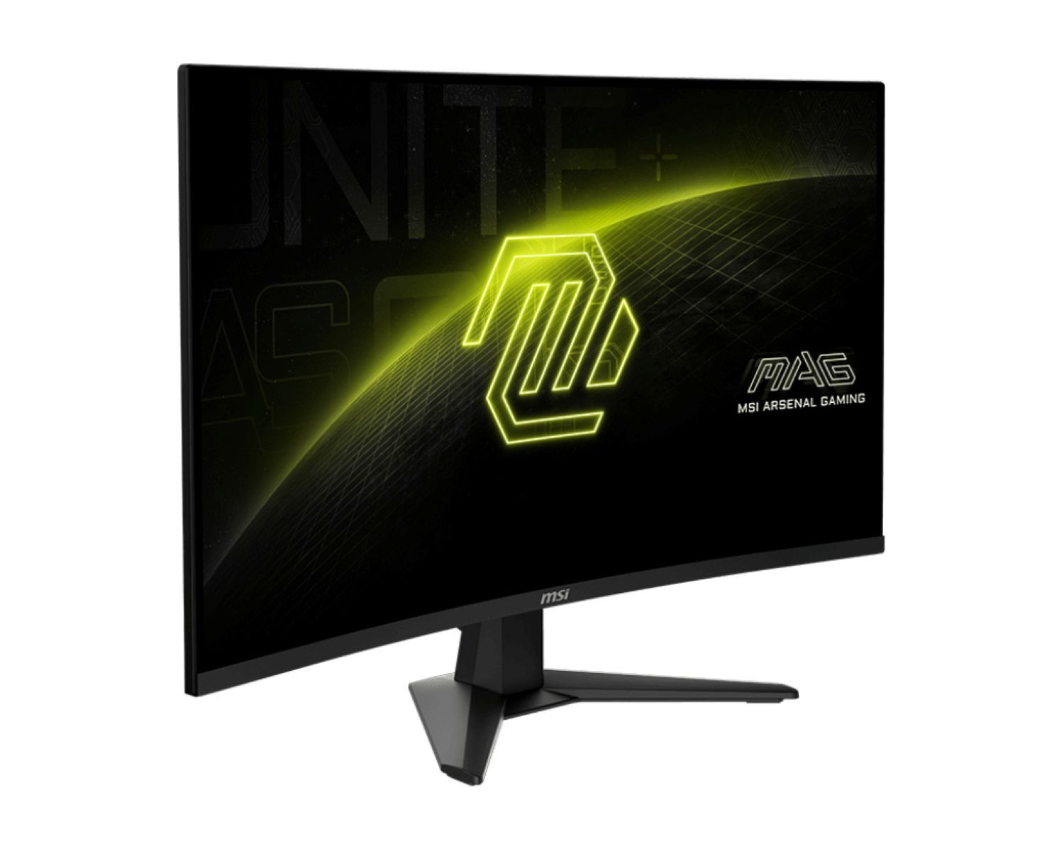 Ein gebogener MSI-Gaming-Monitor. Der Bildschirm zeigt ein Logo und Text auf schwarzem Hintergrund. Der Monitor steht auf einem schwarzen Ständer.