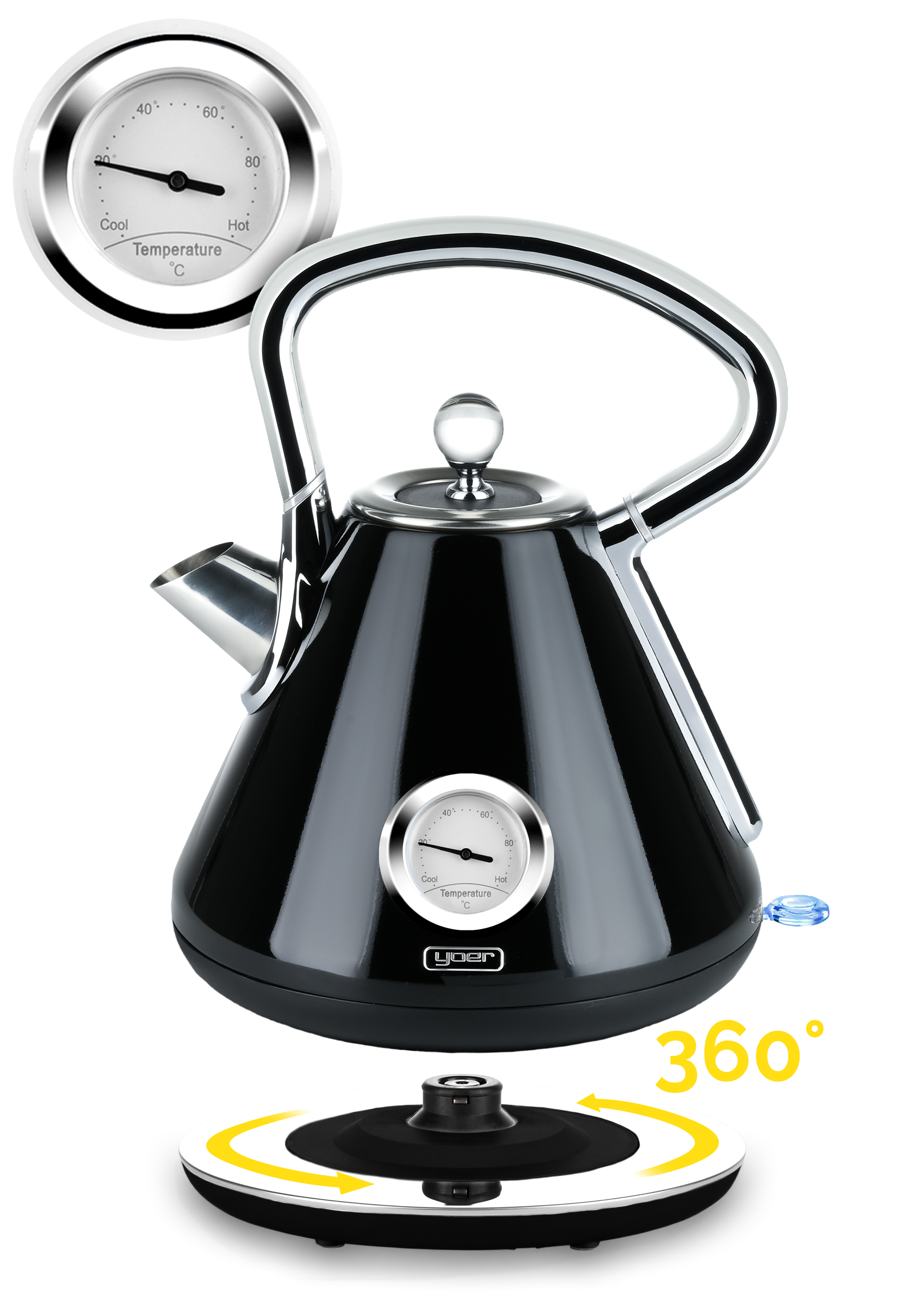 Czarny czajnik ze srebrnymi akcentami, wskaźnikiem temperatury i obrotową podstawą 360 stopni.