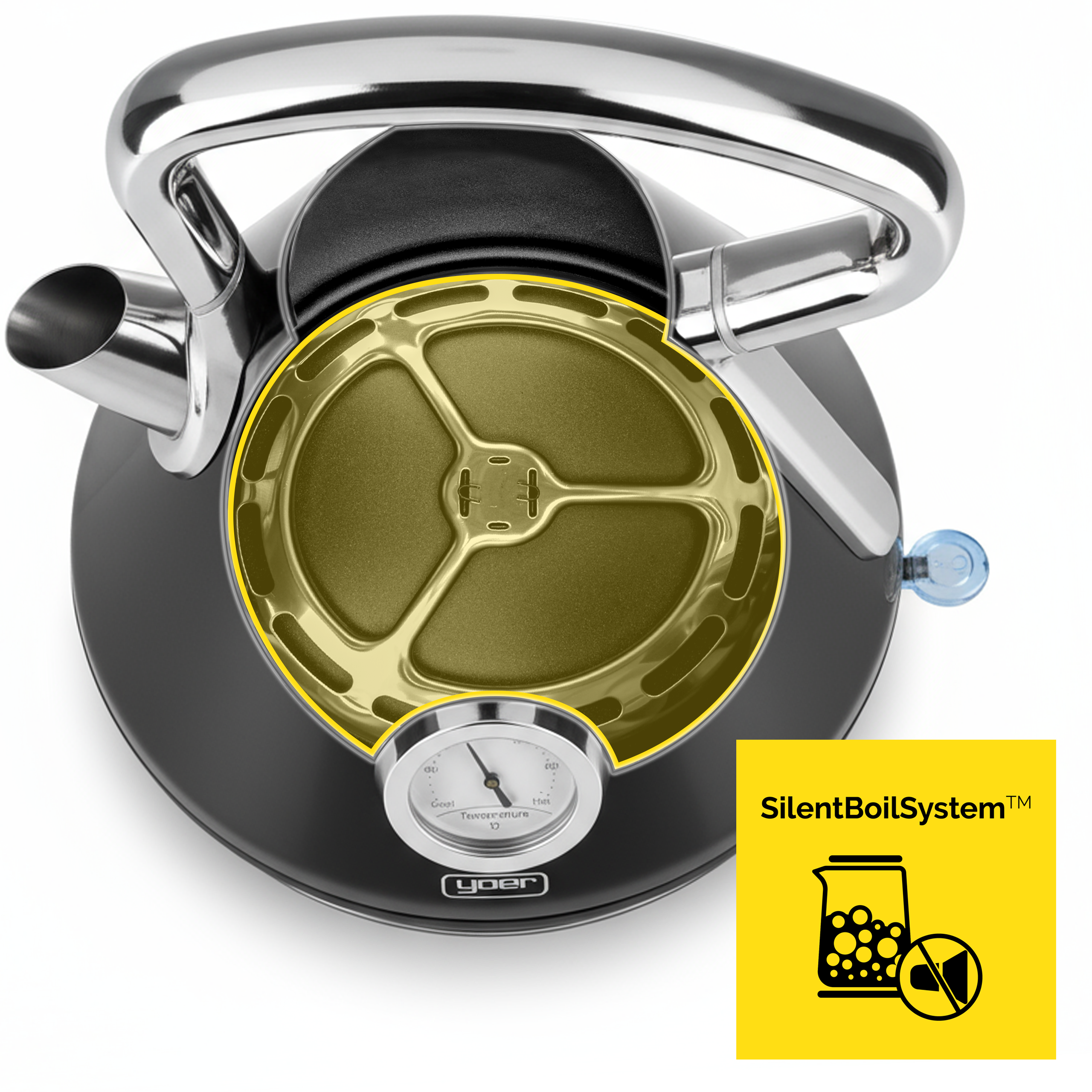 Czarny czajnik ze srebrnym uchwytem i żółtym wnętrzem. Widoczny jest wskaźnik temperatury. Żółte logo po prawej stronie.
