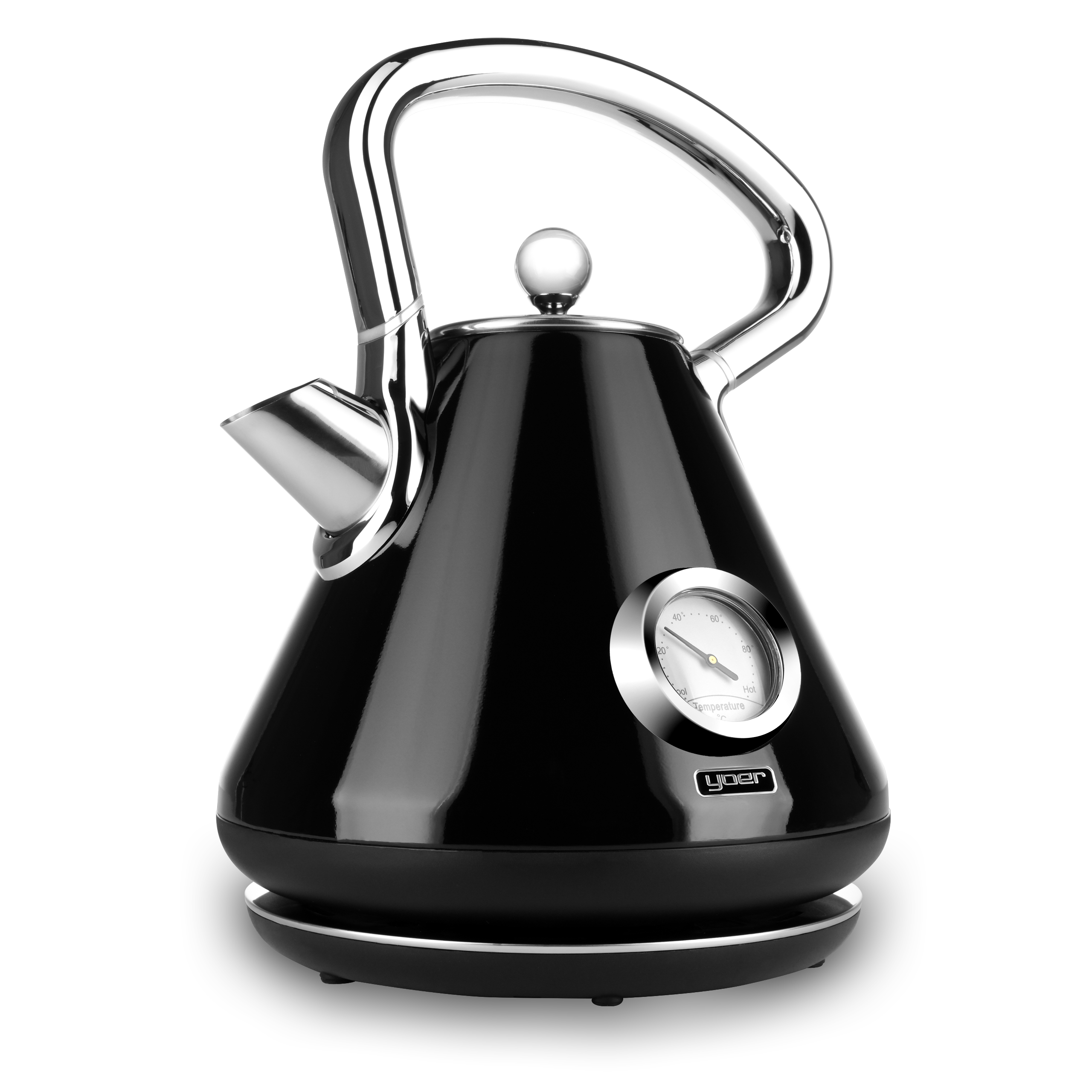 Czarny czajnik elektryczny ze wskaźnikiem temperatury. Ma chromowany uchwyt, wylewkę i akcenty. Stoi na białej powierzchni.