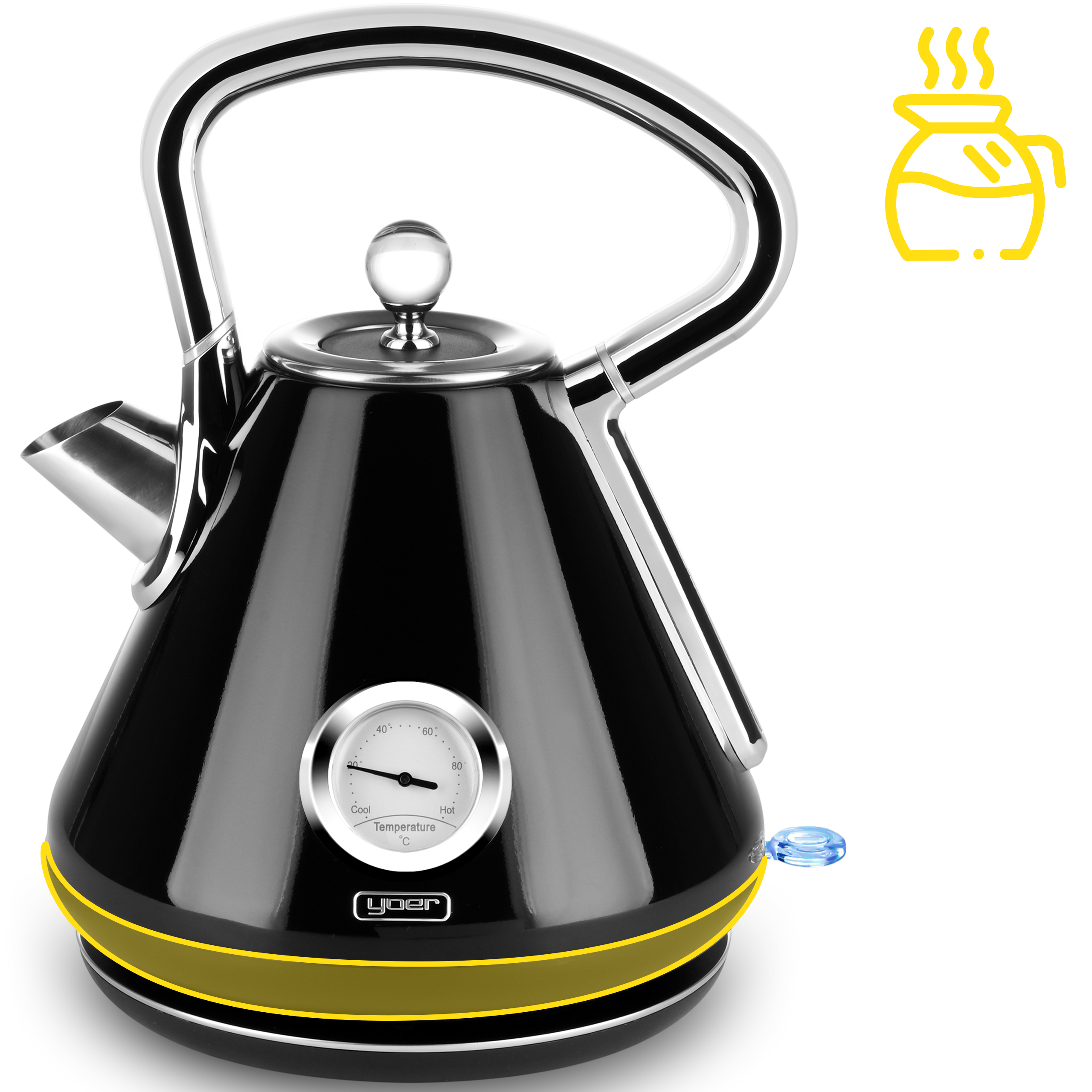Czarny czajnik elektryczny ze wskaźnikiem temperatury. Ma srebrny uchwyt i wylewkę, z żółtym obrysem na podstawie.