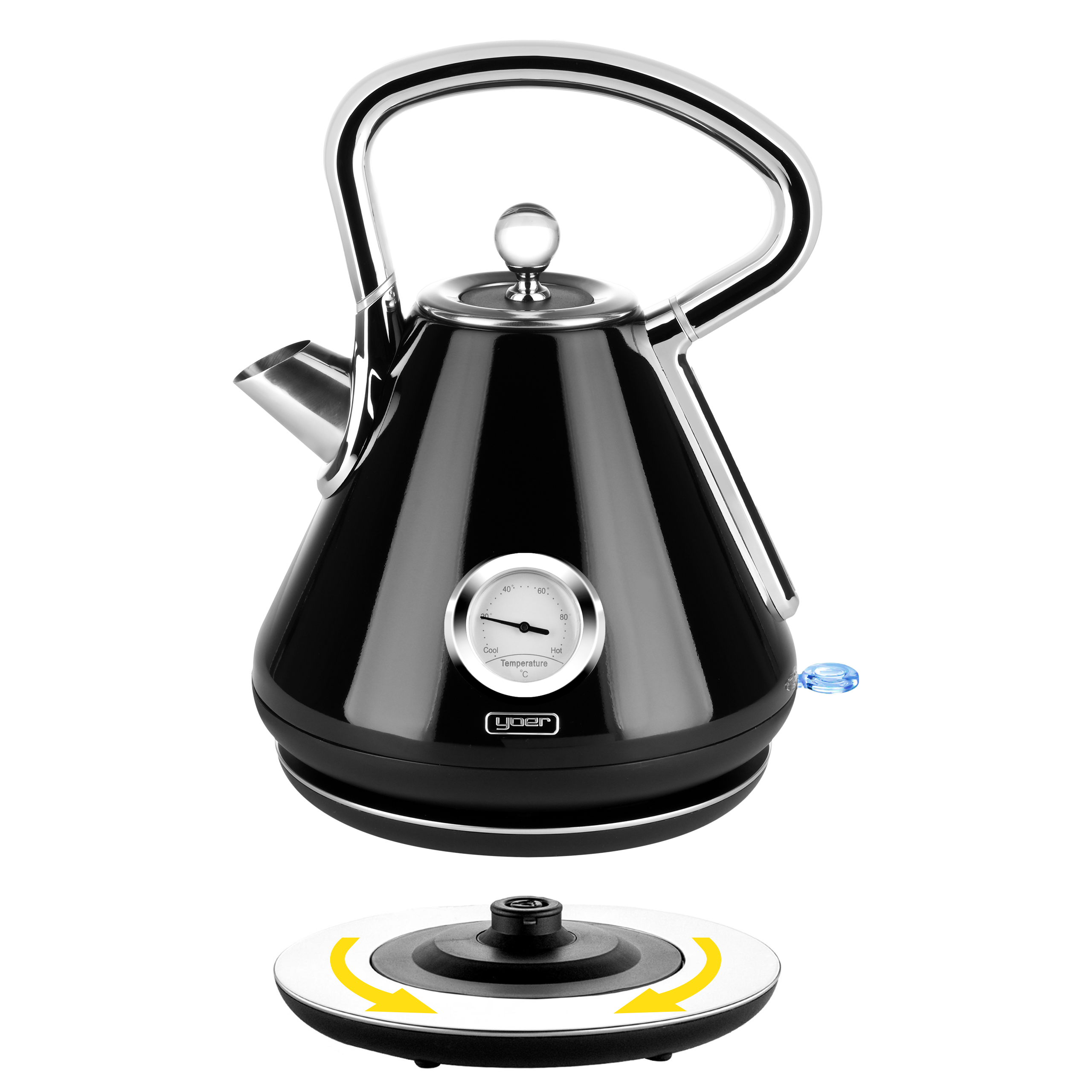 Czarny czajnik elektryczny ze srebrnym uchwytem i podstawą. Podstawa ma strzałki. Czajnik posiada termometr.