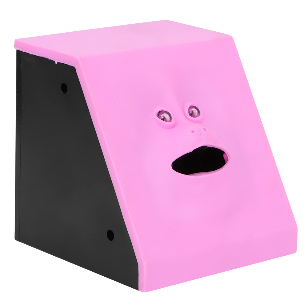 Ein rosafarbenes Sparschwein mit einem Gesicht. Das Gesicht hat Augen und einen Mund. Die Seiten sind schwarz.