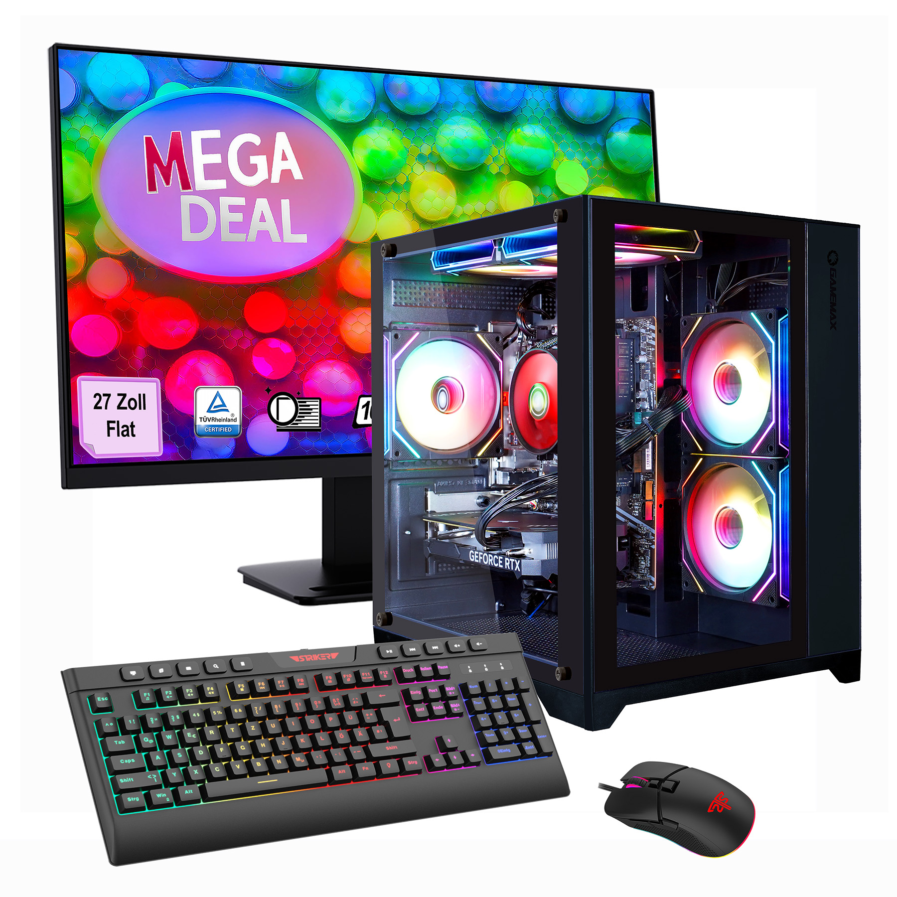 Un'impostazione del computer con un monitor che mostra 'MEGA DEAL', un case per PC, tastiera e mouse.