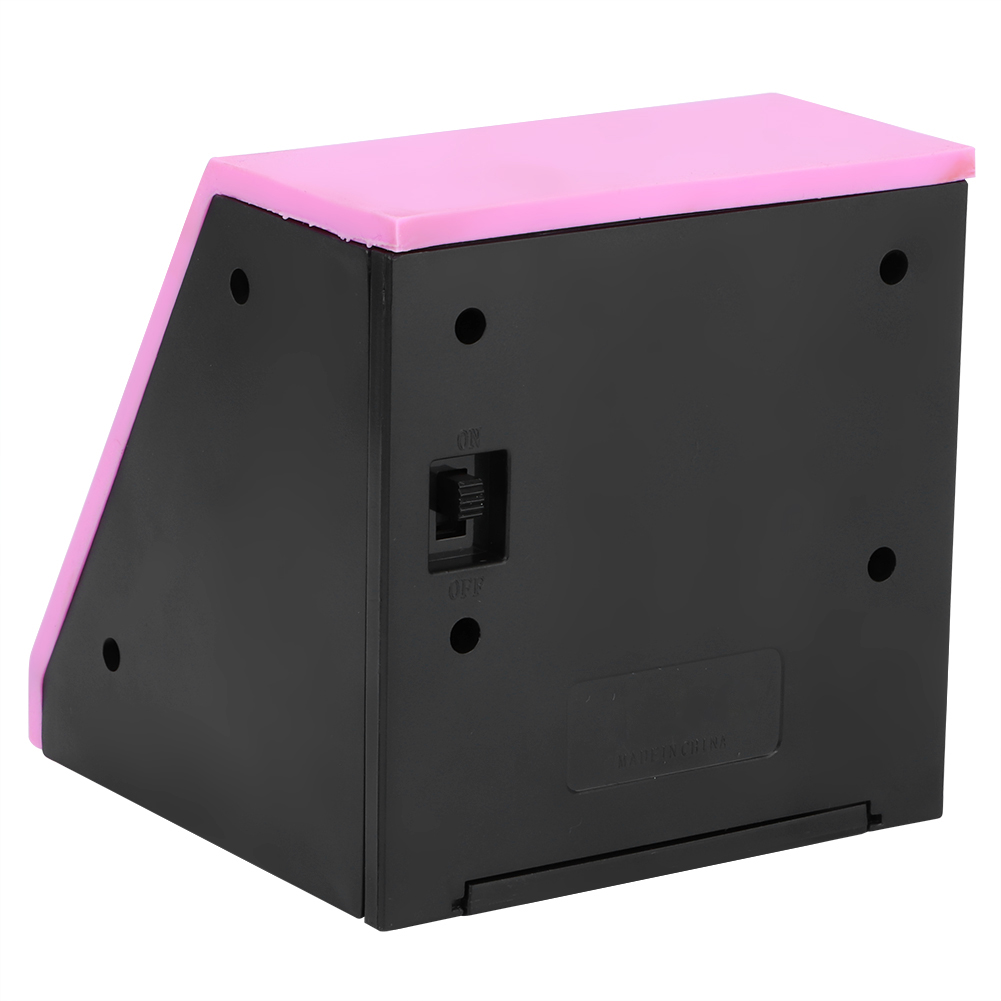 Ein schwarz-rosa Gerät mit Ein-/Ausschalter und rosa Oberseite. Die Rückseite ist schwarz. Die Oberseite ist rosa.