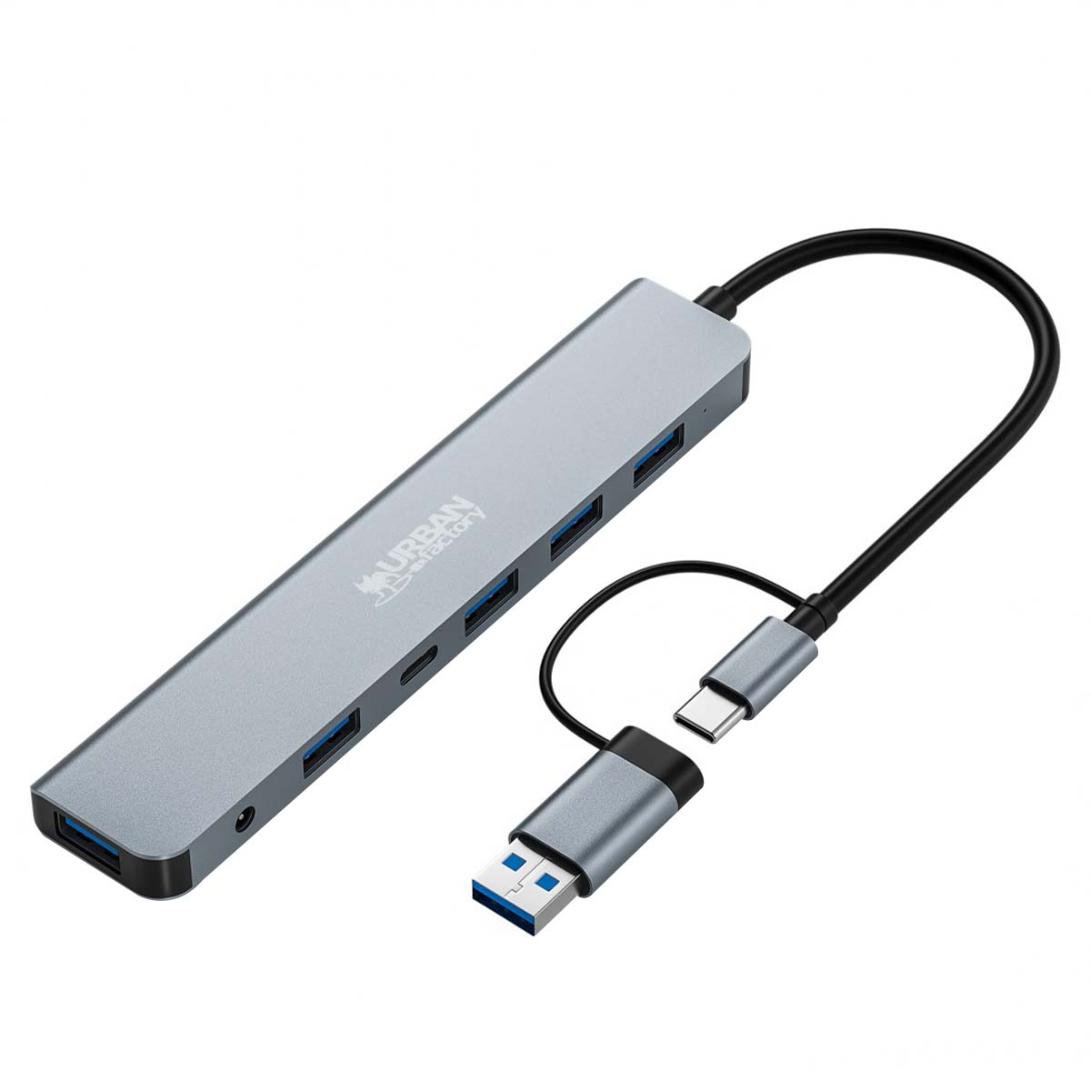 Un hub USB argenté avec plusieurs ports, un connecteur USB-A et USB-C et un câble noir, sur fond blanc.