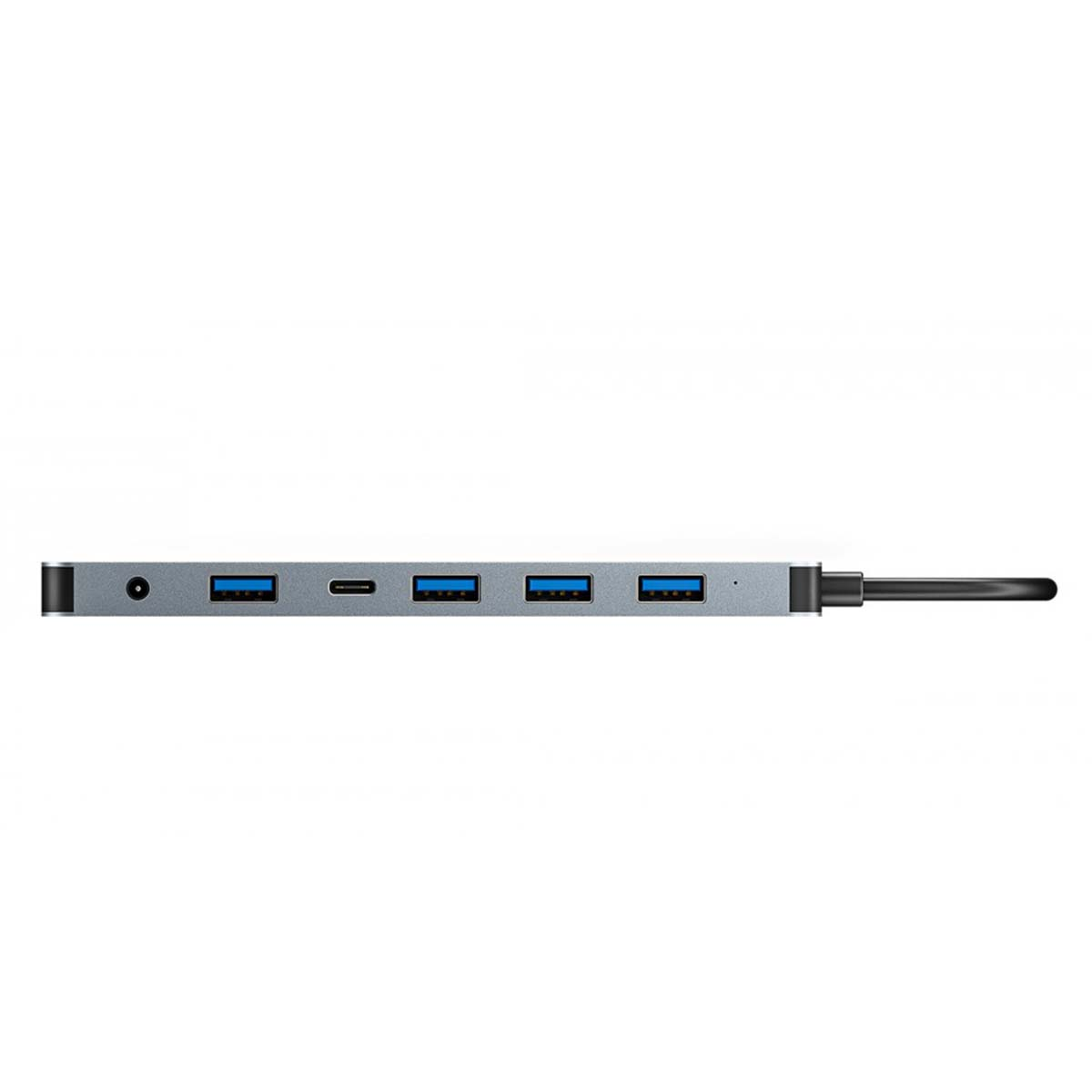 Un hub USB argenté avec cinq ports USB, un USB-C et un câble noir. Il est isolé sur fond blanc.