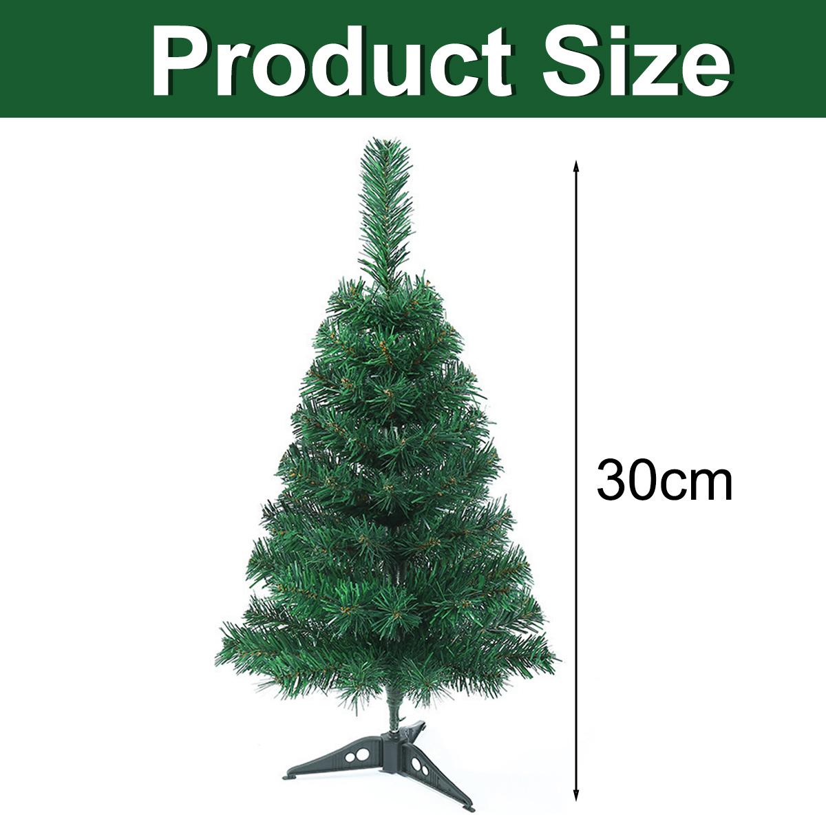Ein kleiner künstlicher grüner Weihnachtsbaum mit schwarzem Fuß. Die Höhe wird mit 30 cm angegeben. Der Hintergrund ist weiß.