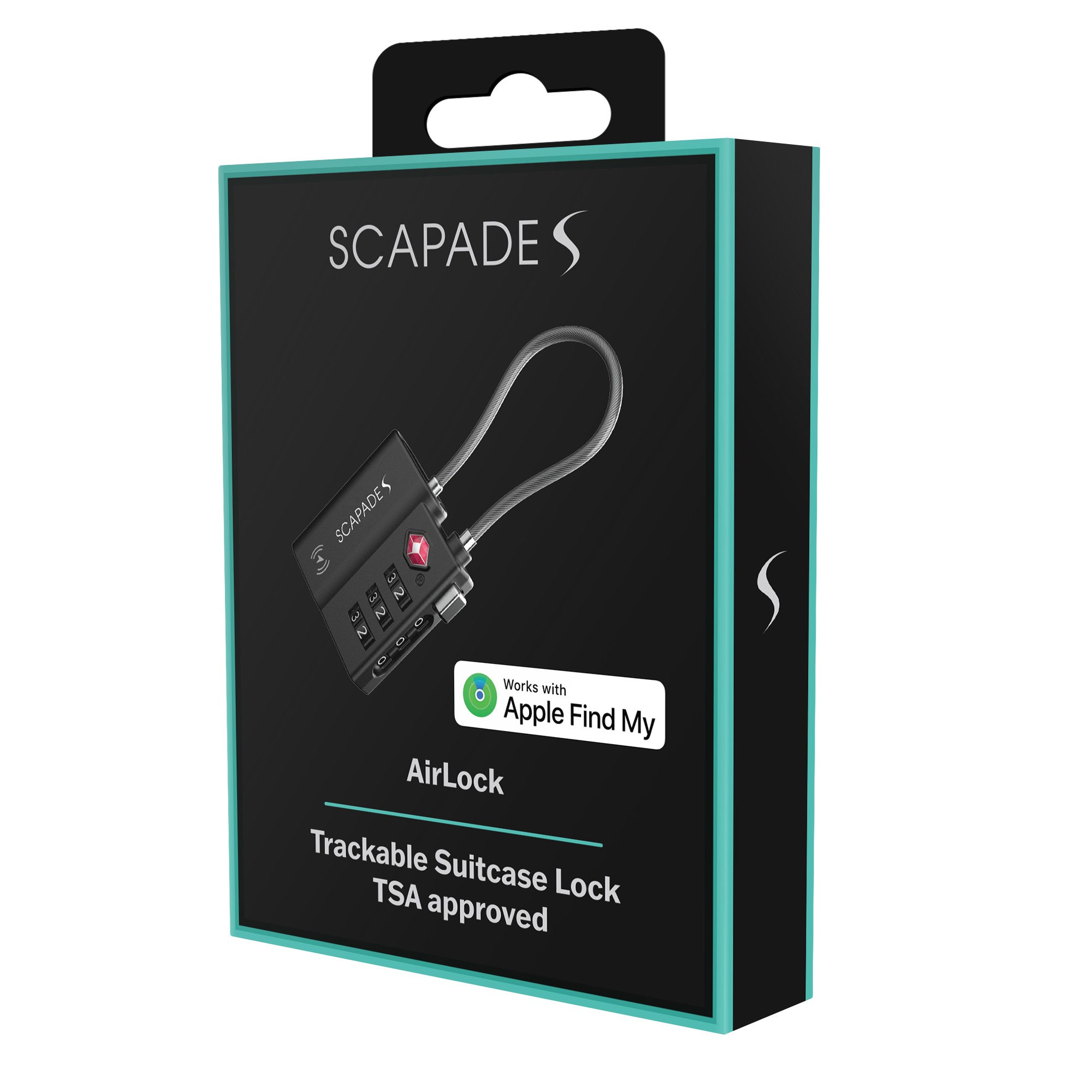 Eine schwarze Box zeigt ein schwarzes Schloss mit Kabel. Text sagt 'AirLock' und 'Trackable Suitcase Lock'.