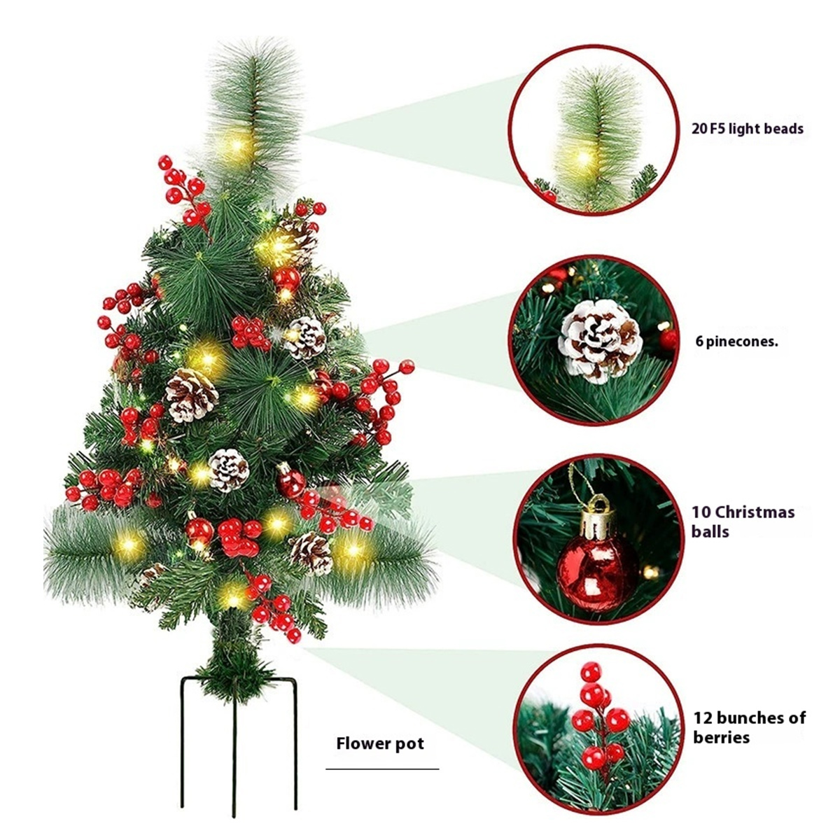 Ein kleiner Weihnachtsbaum mit Lichtern, roten Beeren und Tannenzapfen. Er hat einen Blumentopf als Basis und ist mit Weihnachtskugeln geschmückt.