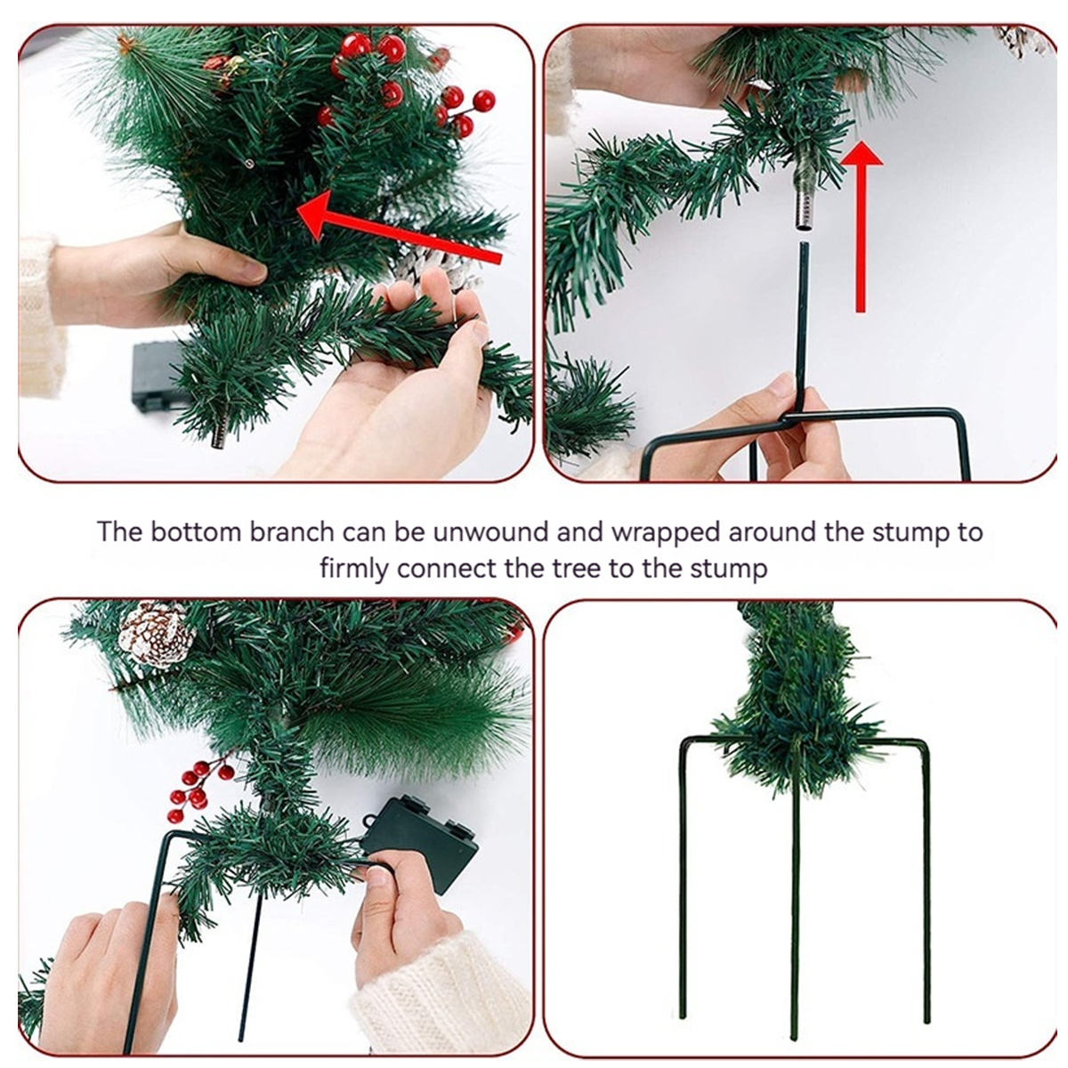 Schritte zum Zusammenbau eines kleinen Weihnachtsbaums. Hände werden beim Auspacken und Anschließen von Ästen am Ständer gezeigt.