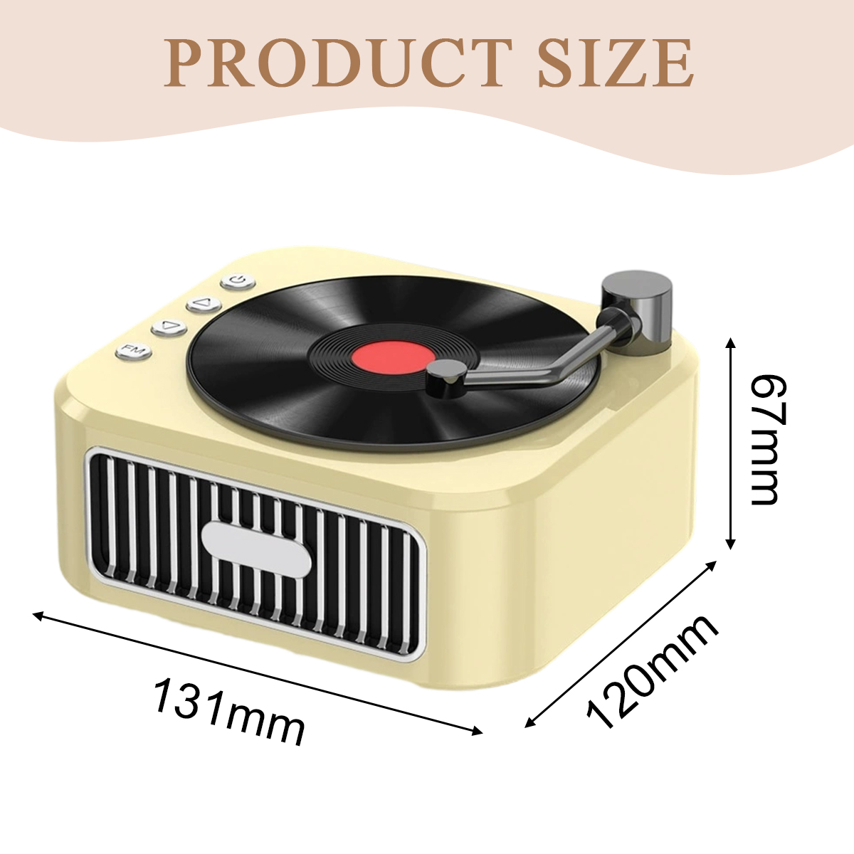 Ein beigefarbener Lautsprecher im Retro-Stil mit Plattenspieler-Design. Abmessungen sind angegeben. Die Schallplatte ist schwarz mit roter Mitte.