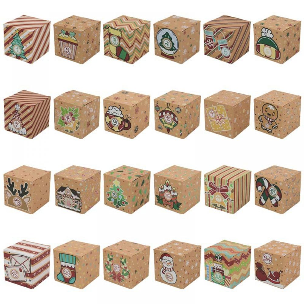 Ein Array von 24 kleinen, quadratischen, braunen Boxen mit weihnachtlichen Designs. Jede Box hat ein anderes festliches Bild.