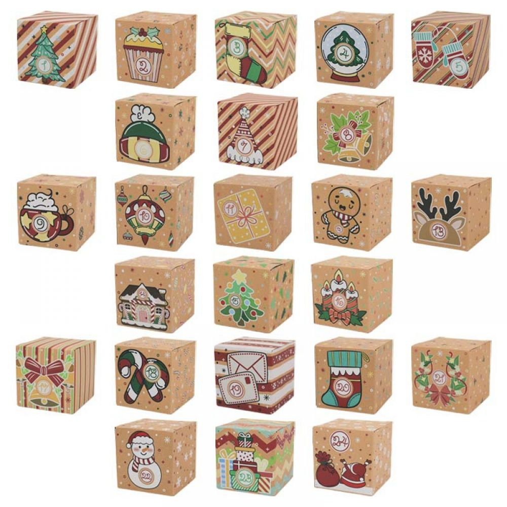 Ein Adventskalender mit 24 Schachteln, die jeweils mit weihnachtlichen Bildern und Zahlen verziert sind.