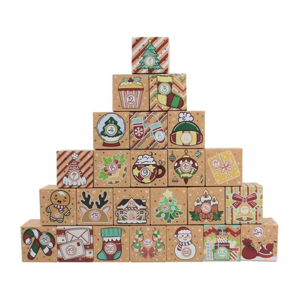 Eine Pyramide aus Weihnachtskalenderboxen. Jede zeigt ein festliches Bild, darunter einen Baum, einen Schneemann und Geschenke, mit Zahlen.