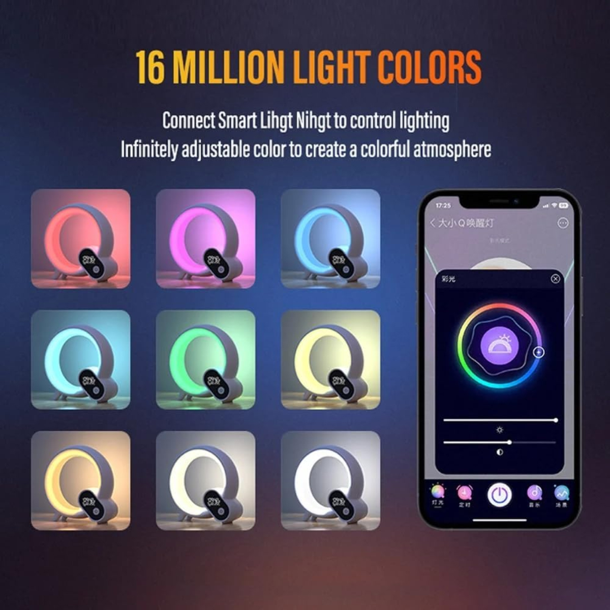 Das Bild zeigt eine intelligente Lampe mit verschiedenen Farboptionen, die über eine Telefon-App gesteuert wird. Der Text lautet '16 Millionen Lichtfarben'.