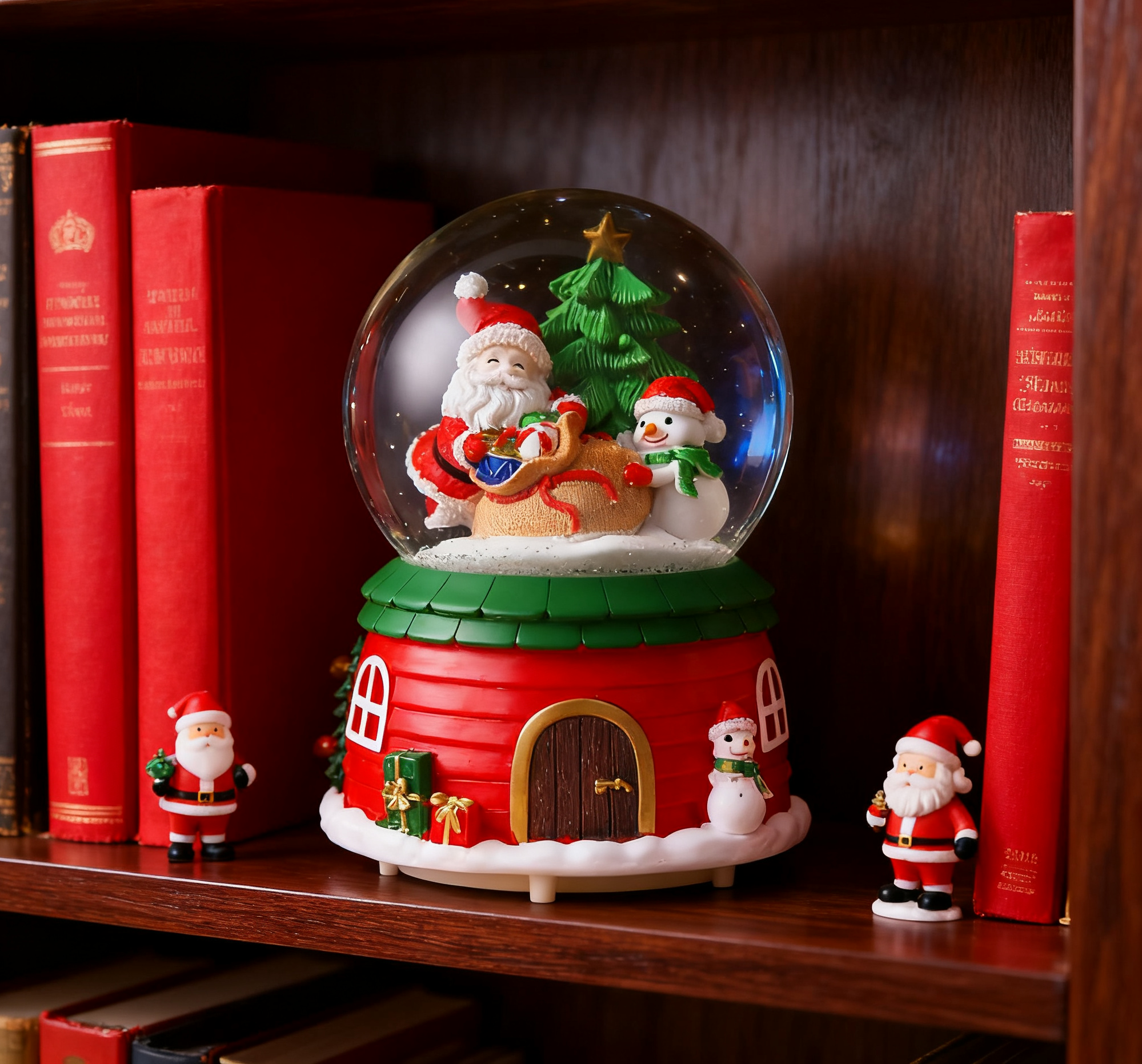 Eine Schneekugel mit Weihnachtsmann, Schneemann und Weihnachtsbaum steht auf einem Regal mit Büchern und Santa-Figuren.