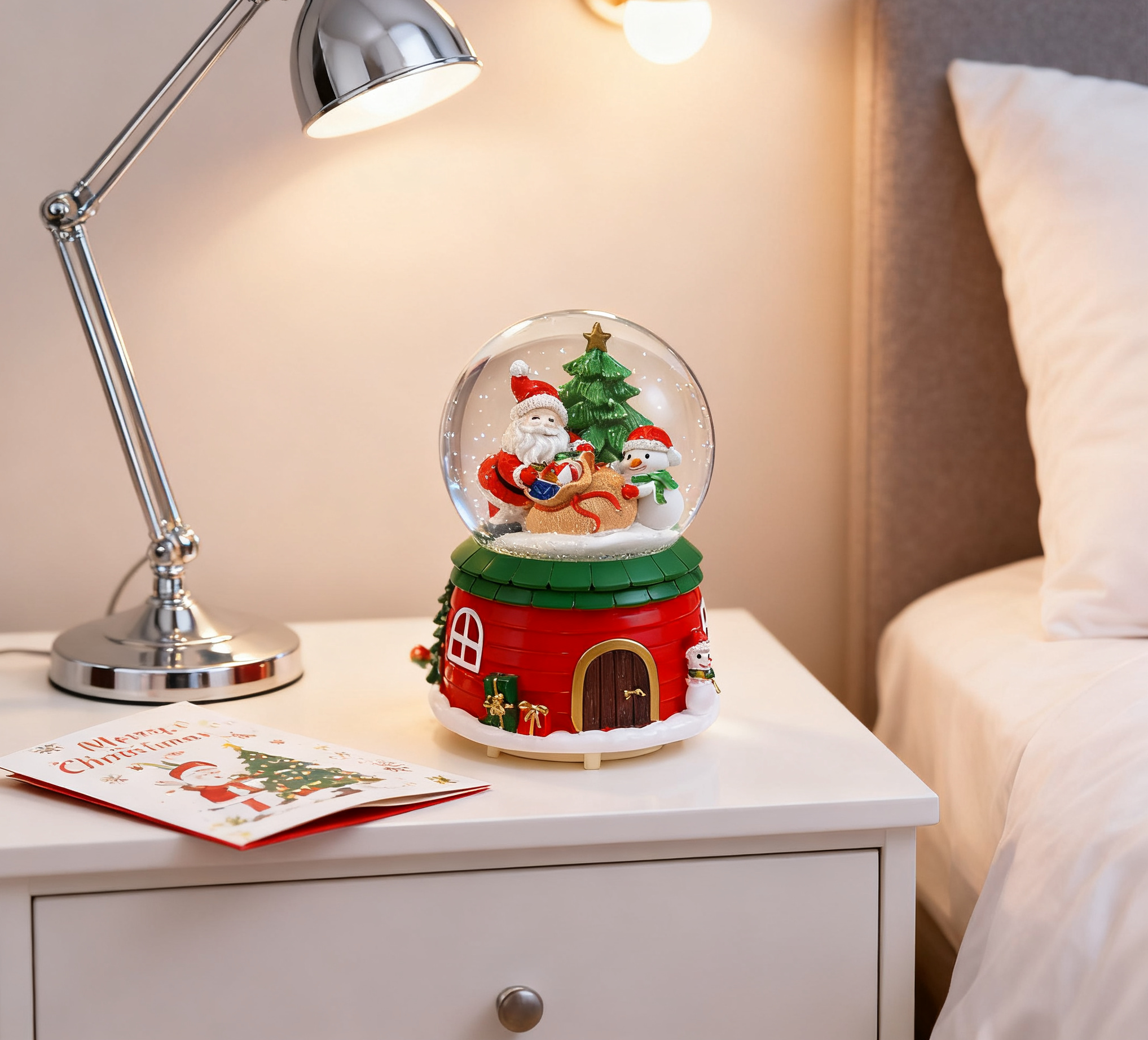 Eine Weihnachtsschneekugel mit Weihnachtsmann und Schneemann auf einem Nachttisch mit einer Frohe Weihnachten-Karte und einer Lampe.