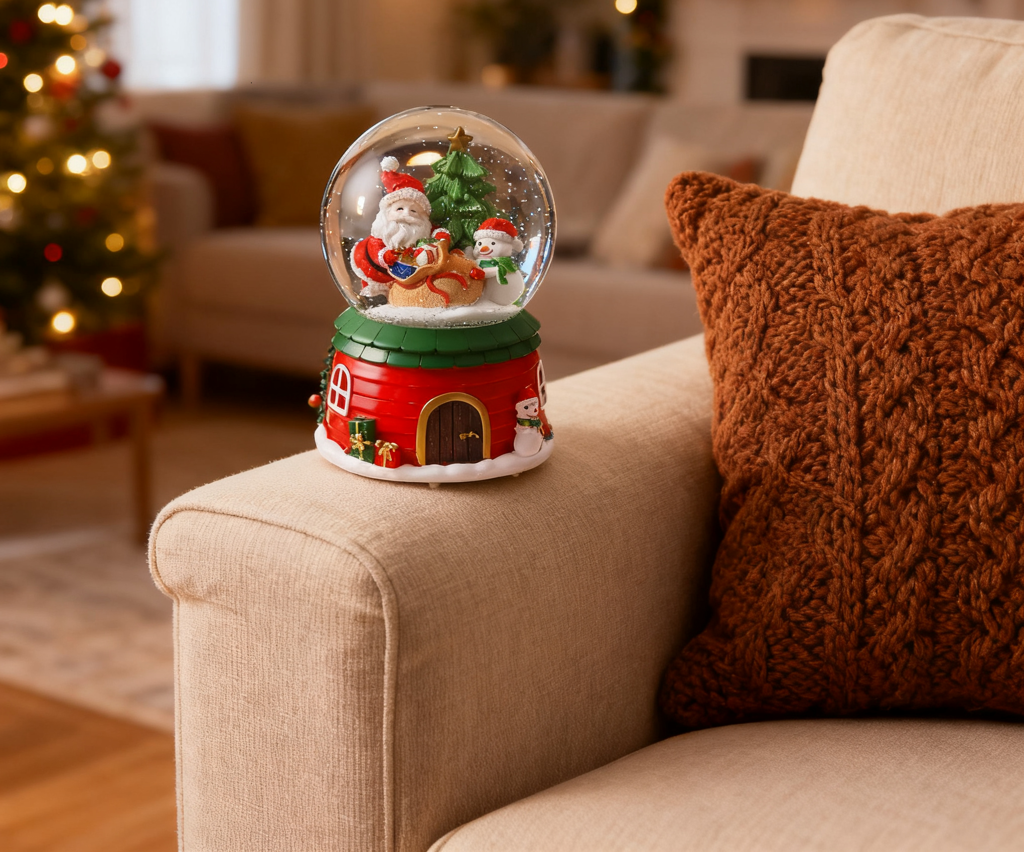 Eine Schneekugel mit Santa und einem Schneemann steht auf einer Sofalehne neben einem braunen Kissen. Im Hintergrund steht ein Weihnachtsbaum.