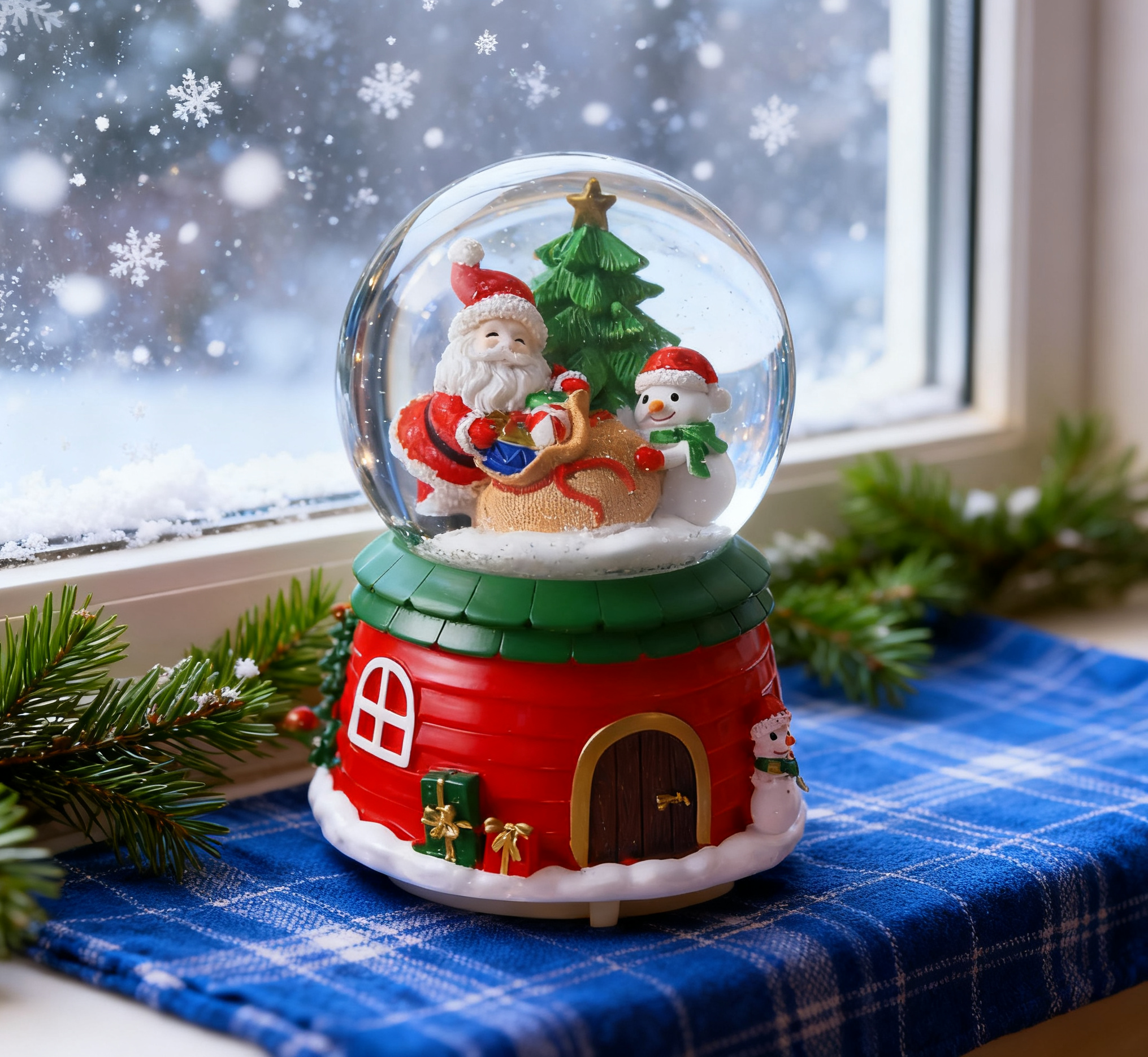 Schneekugel mit Weihnachtsmann, Schneemann und Weihnachtsbaum. Rotes Haus, blaues Karogewebe, Schnee draußen.