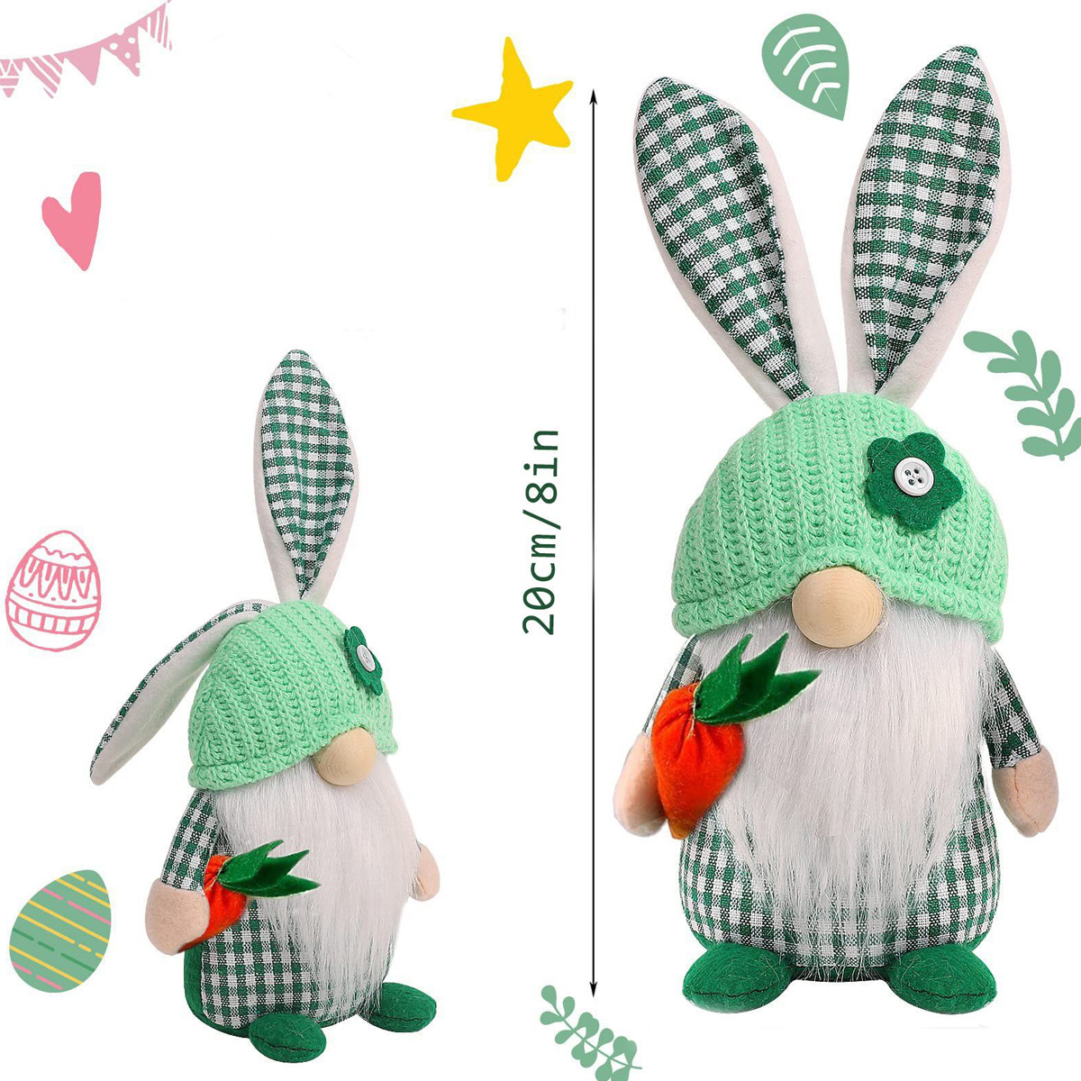 Zwei Ostergnome mit grünen Hüten und karierten Kleidern. Einer hält eine Karotte. Ostereier im Hintergrund.