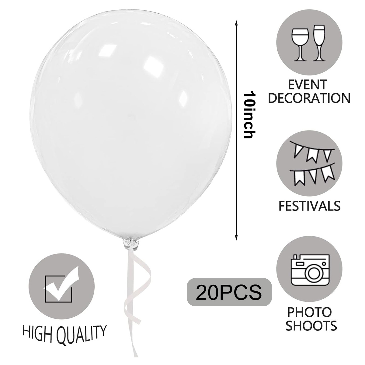 Ein weißer Ballon mit Schleife. Beschriftet mit 'High Quality', '20PCS' und 'Event Decoration', 'Festivals', 'Photo Shoots'.