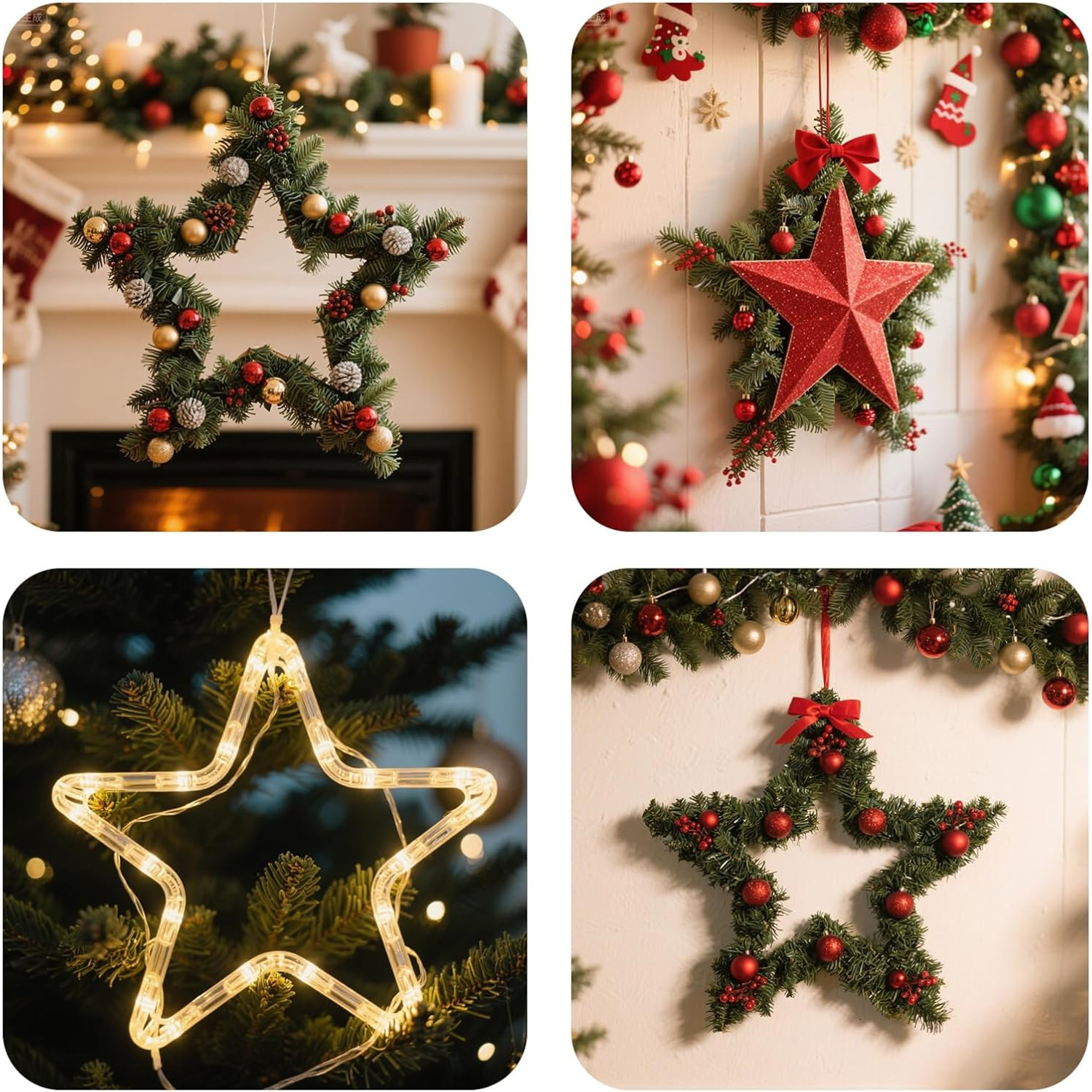 Vier Weihnachts-Stern-Dekorationen. Eine ist ein Kranz mit Ornamenten, eine ist ein roter Stern, eine leuchtet und eine ist ein Kranz.