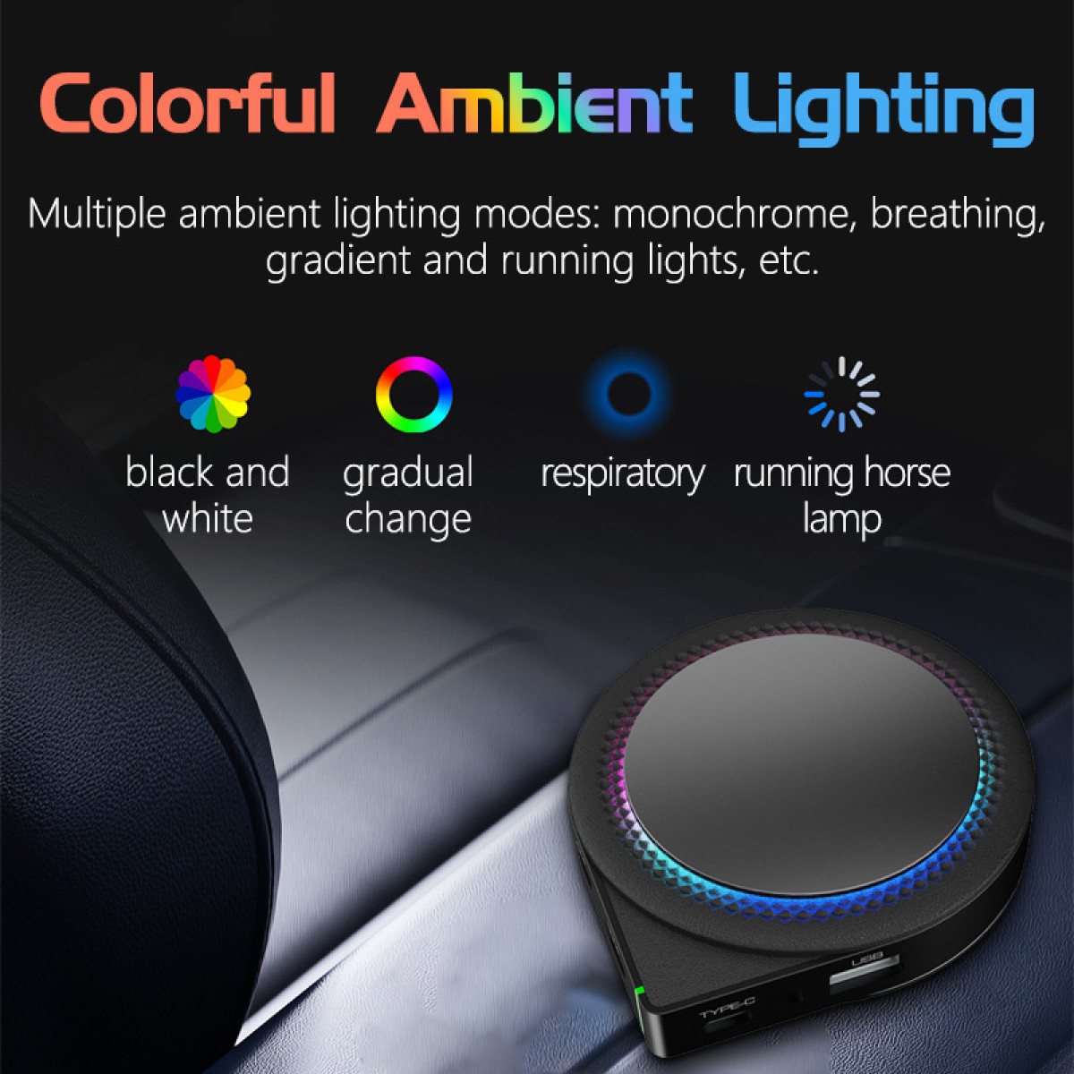 Ein schwarzes Umgebungslichtgerät mit farbenfrohen Beleuchtungsoptionen: monochrom, atmend, Farbverlauf und Lauflicht, mit TYPE-C- und USB-Anschlüssen.