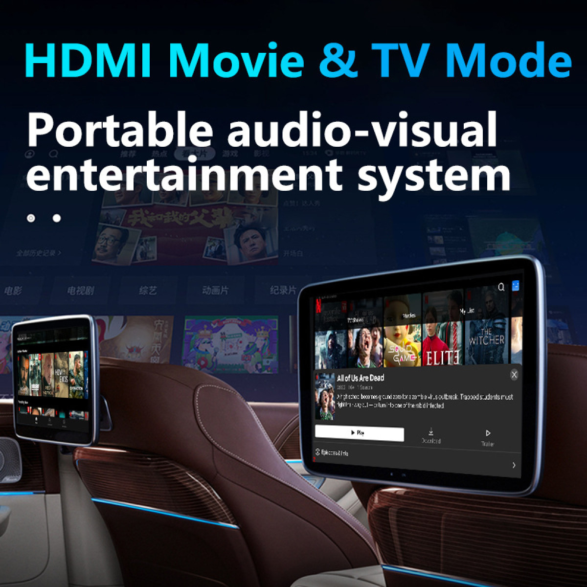Auto-Entertainment-System mit Bildschirmen, die Filme zeigen. Text oben: HDMI Movie & TV Mode. Titel auf dem Bildschirm: All of Us Are Dead.