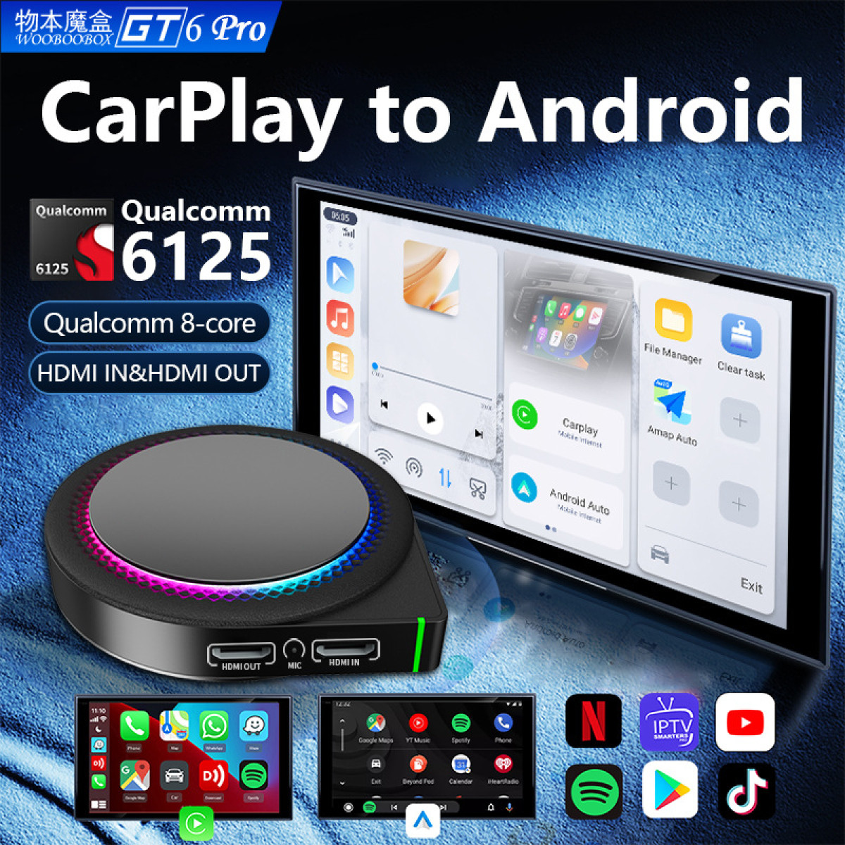 CarPlay-zu-Android-Gerät. Zeigt ein schwarzes Gerät mit HDMI-Anschlüssen, zwei Bildschirmen und App-Symbolen. Qualcomm 6125 Info wird angezeigt.