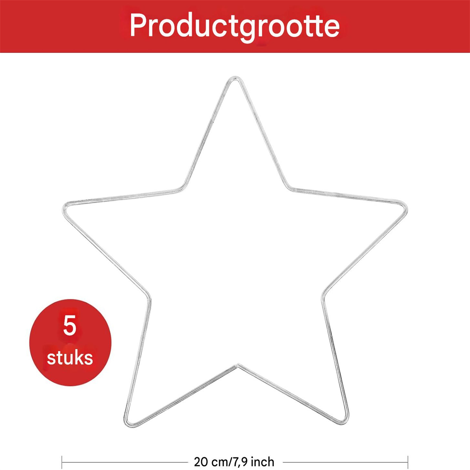 Metallstern-Umriss, Text 'Produktgröße', ein roter Kreis mit '5 Stück' und ein 20 cm/7,9 Zoll Maß unten.