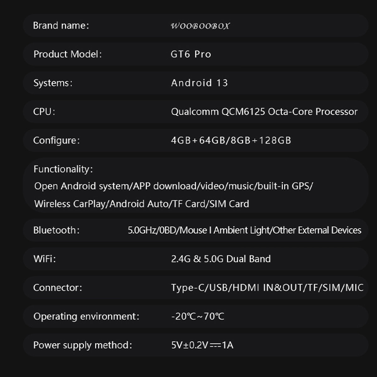 Produktspezifikationen für ein 'GT6 Pro' Gerät. Enthält Markenname, Modell, System, CPU, Konfiguration, Funktionalität und Konnektivitätsdetails.