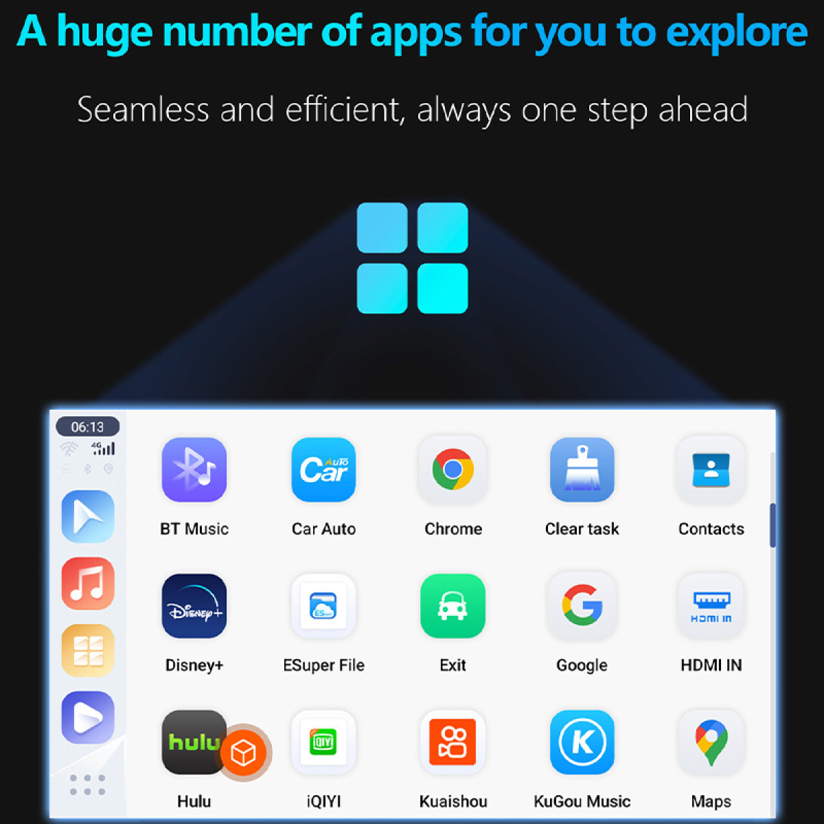 Ein Telefonbildschirm zeigt App-Symbole, darunter Musik, Auto, Chrome, Disney+, Hulu und Karten. Der Hintergrund ist dunkelblau.