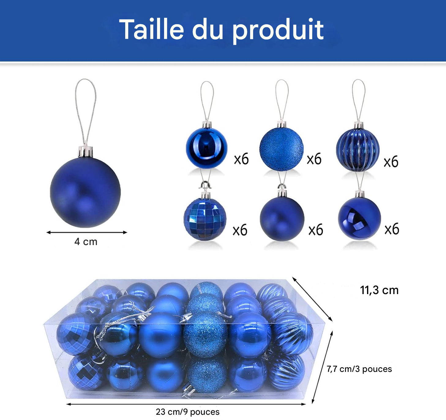Das Bild zeigt blaue Weihnachtskugeln, einschließlich verschiedener Texturen und Größen. Eine transparente Box enthält die Ornamente mit Größenangaben.