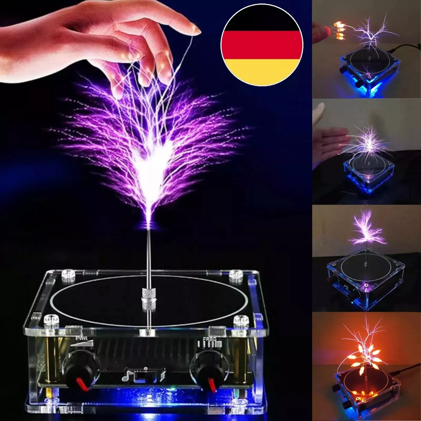 Hand interagiert mit einem Plasmagenerator, der eine violette elektrische Entladung erzeugt. Deutsche Flagge im Hintergrund.