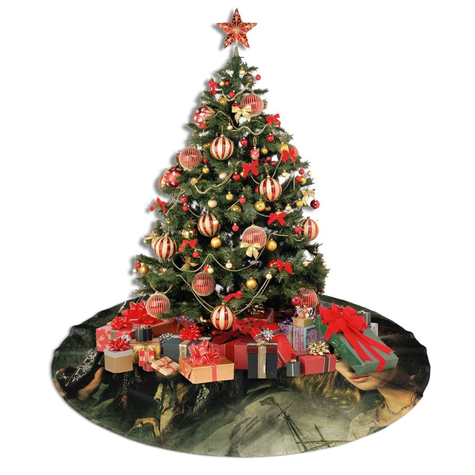 Geschmückter Weihnachtsbaum mit Ornamenten, Schleifen und Stern. Geschenke umgeben den Baum auf einem runden Rock.