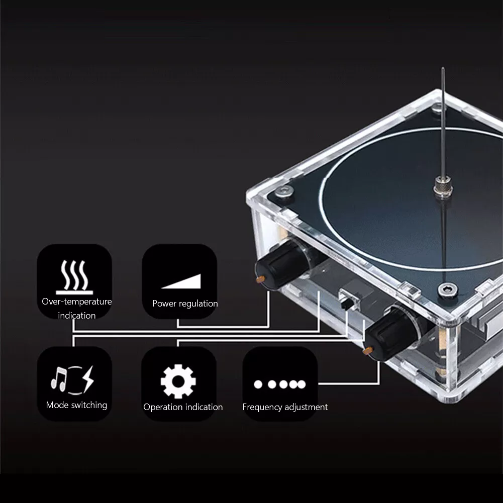 Eine transparente Box mit Knöpfen und einem Zifferblatt, Symbole für Temperatur, Leistung, Modus, Betrieb und Frequenz.