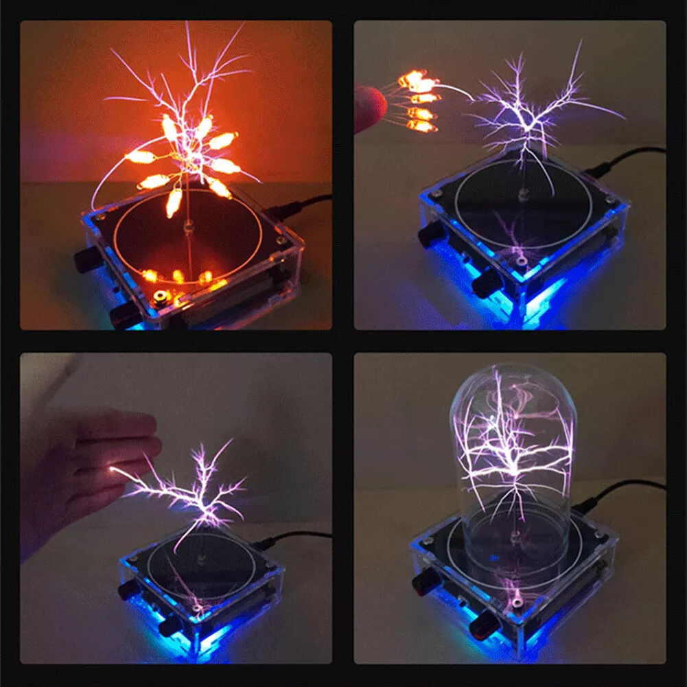 Vier Bilder zeigen ein wissenschaftliches Experiment mit elektrischen Entladungen in einer Box und einer Glaskuppel, die violettes Licht emittieren.