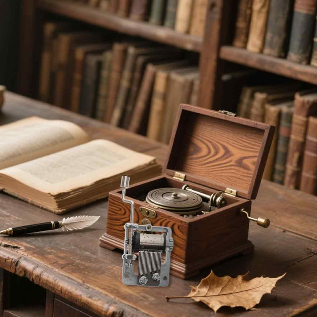 Eine hölzerne Spieluhr mit offenem Deckel steht auf einem Tisch. Stift, offenes Buch und Blatt daneben. Bücherregale sind im Hintergrund.