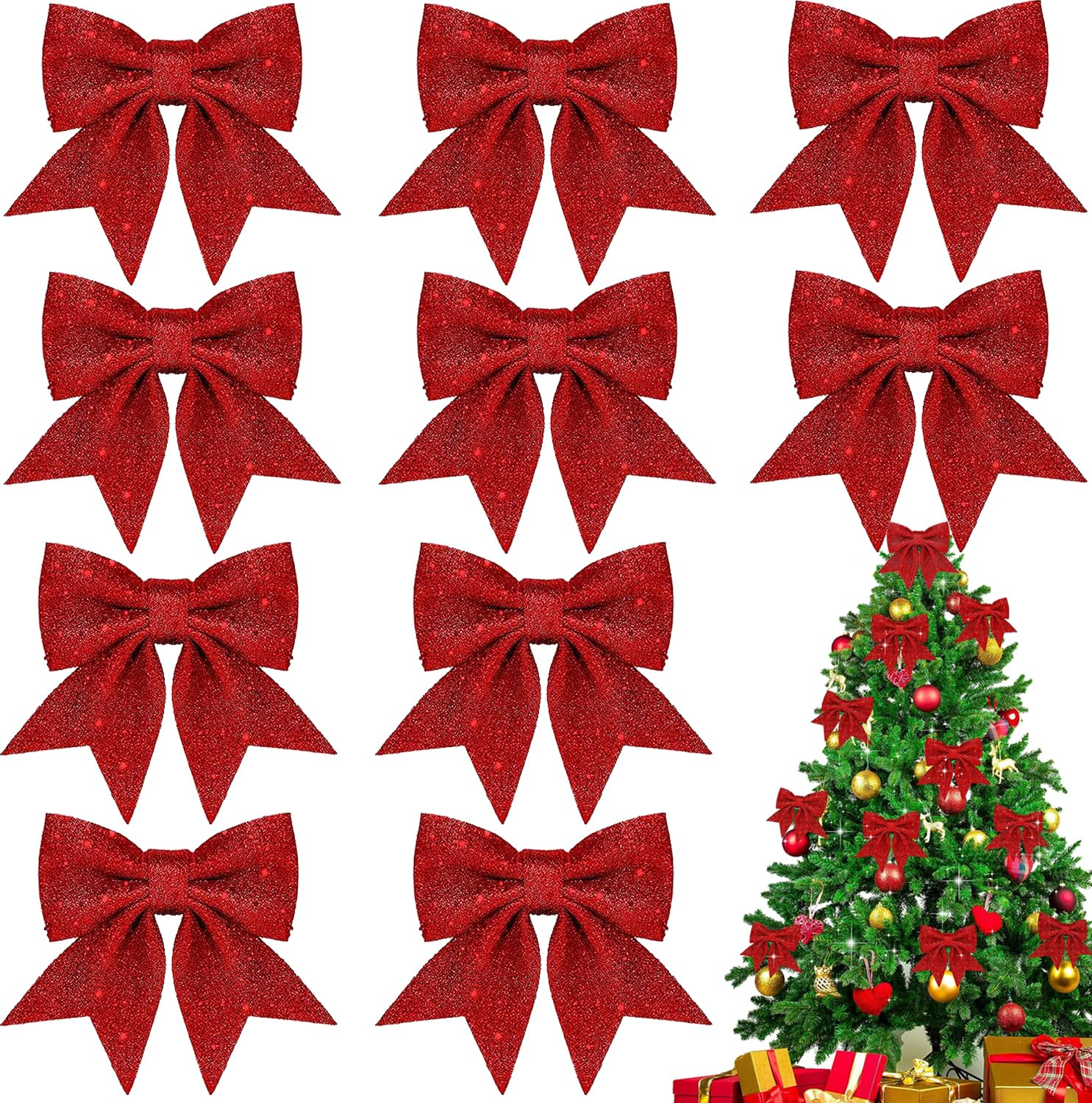 Neun glitzernde rote Schleifen und ein Weihnachtsbaum, geschmückt mit Schleifen, Ornamenten und Geschenken darunter.