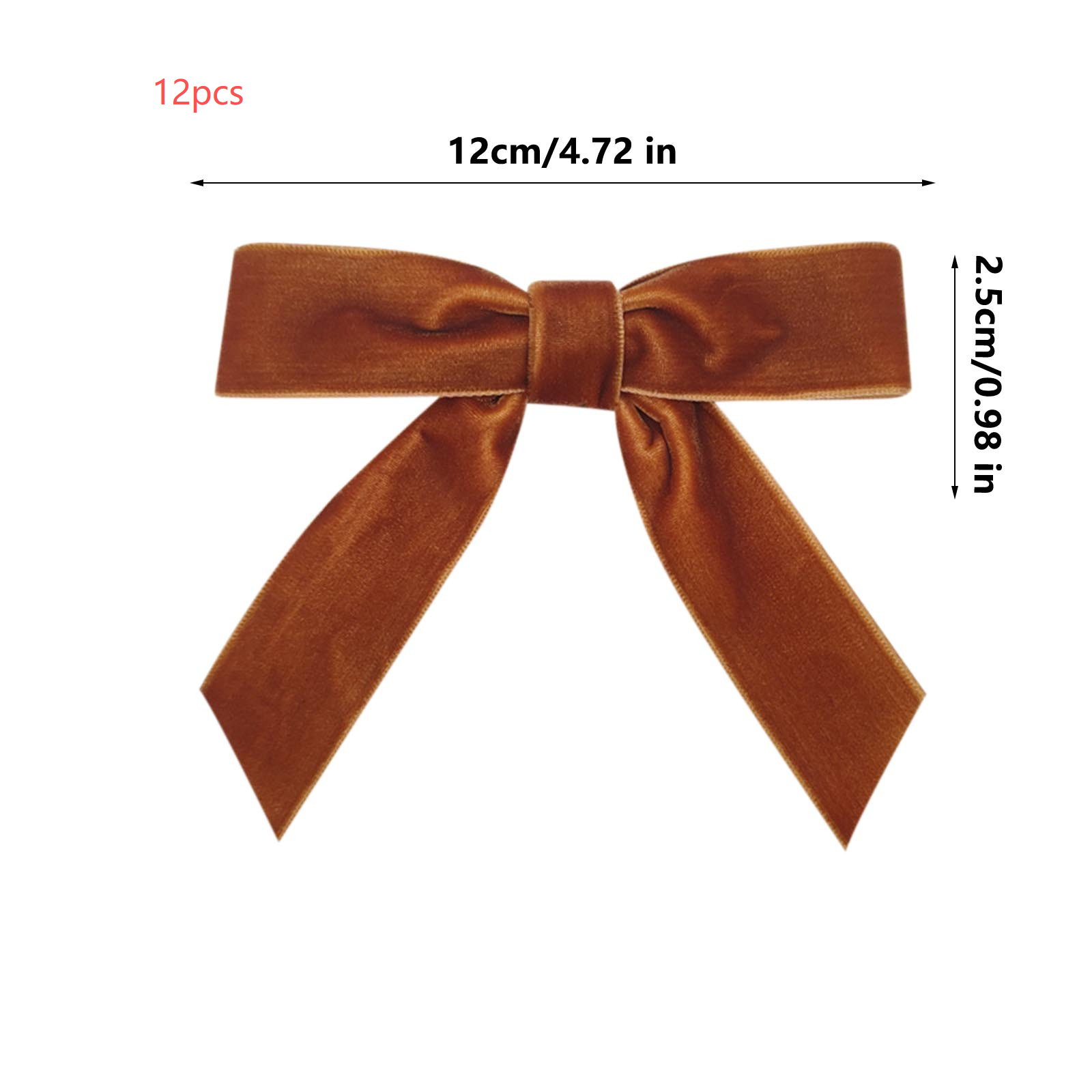 Eine braune Samtschleife. Text zeigt Menge und Abmessungen: 12 Stück, 12 cm/4,72 Zoll breit, 2,5 cm/0,98 Zoll hoch.