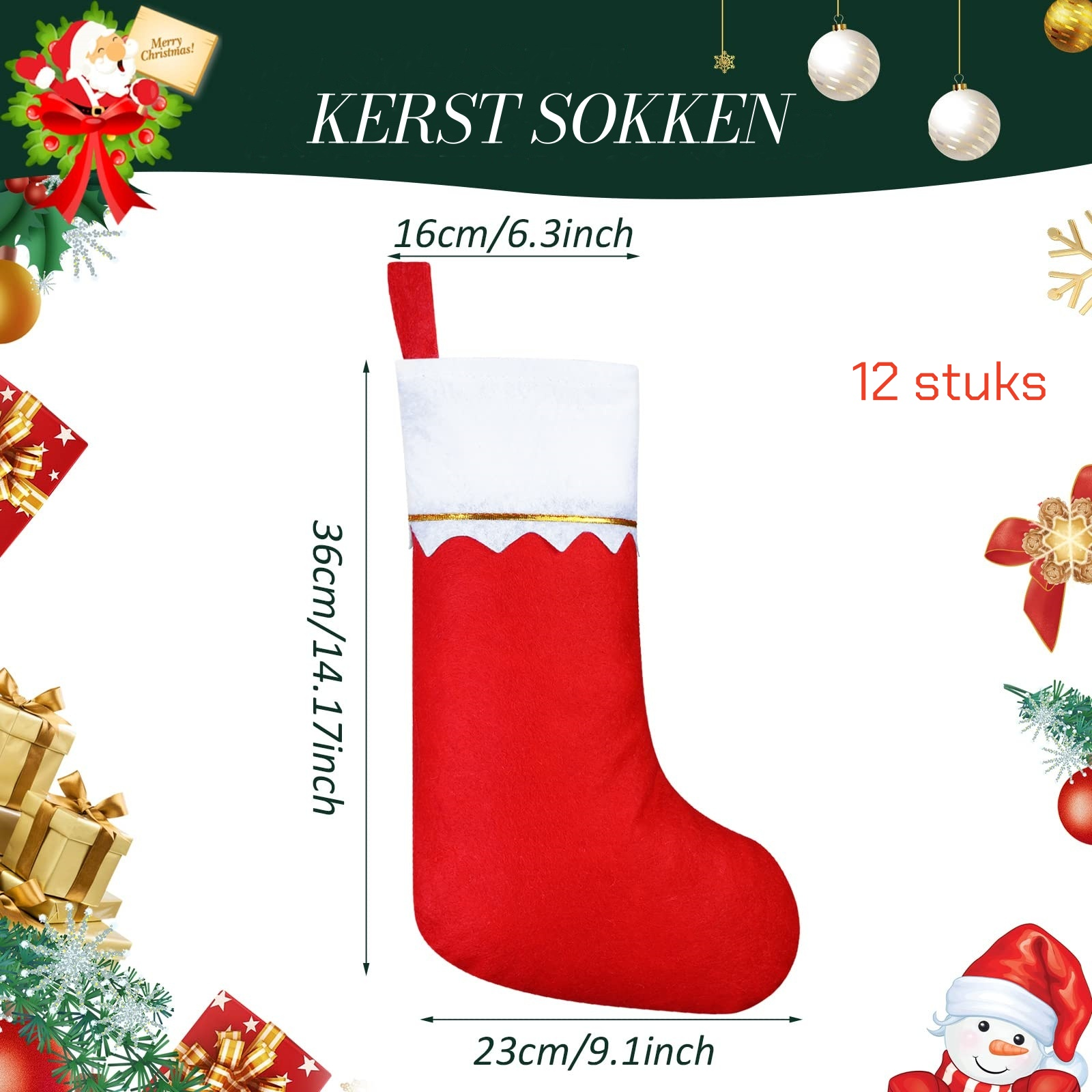 Ein roter Weihnachtsstrumpf mit weißem Oberteil und goldenem Besatz. Text: Kerst Sokken, 12 stuks. Maße sind angegeben.