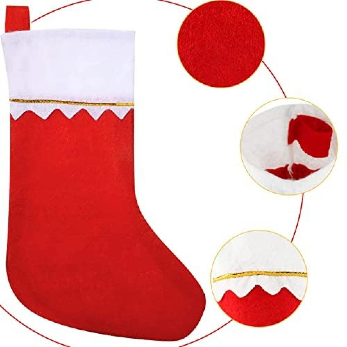 Ein roter Weihnachtsstrumpf mit weißem Bündchen. Goldbesatz akzentuiert die gezackte Kante des Bündchens. Rote Kreise heben Details hervor.