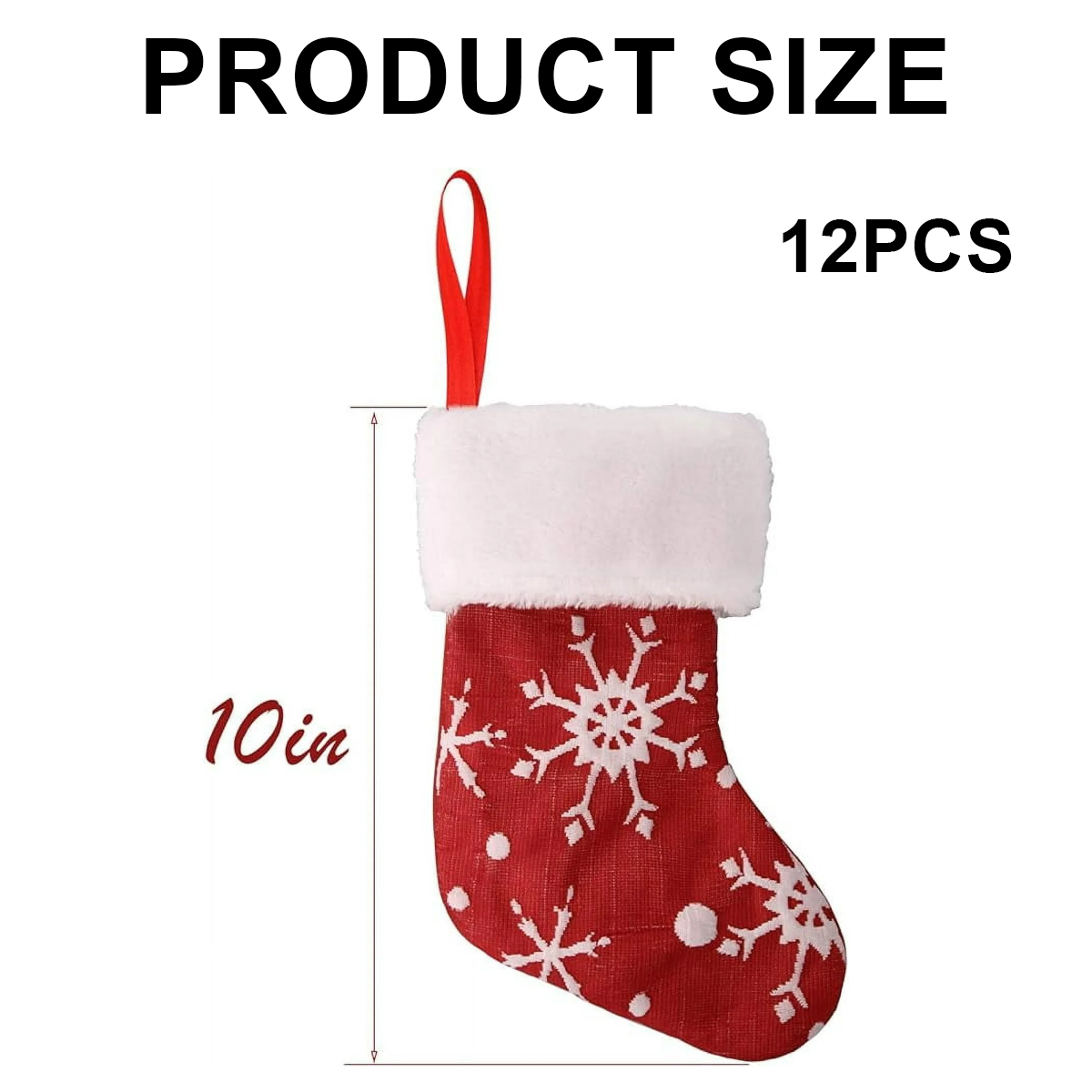 Ein roter Weihnachtsstrumpf mit weißen Schneeflockenmustern und einem weißen, flauschigen Oberteil. Er hat eine rote Schleife und ist 10 Zoll groß.