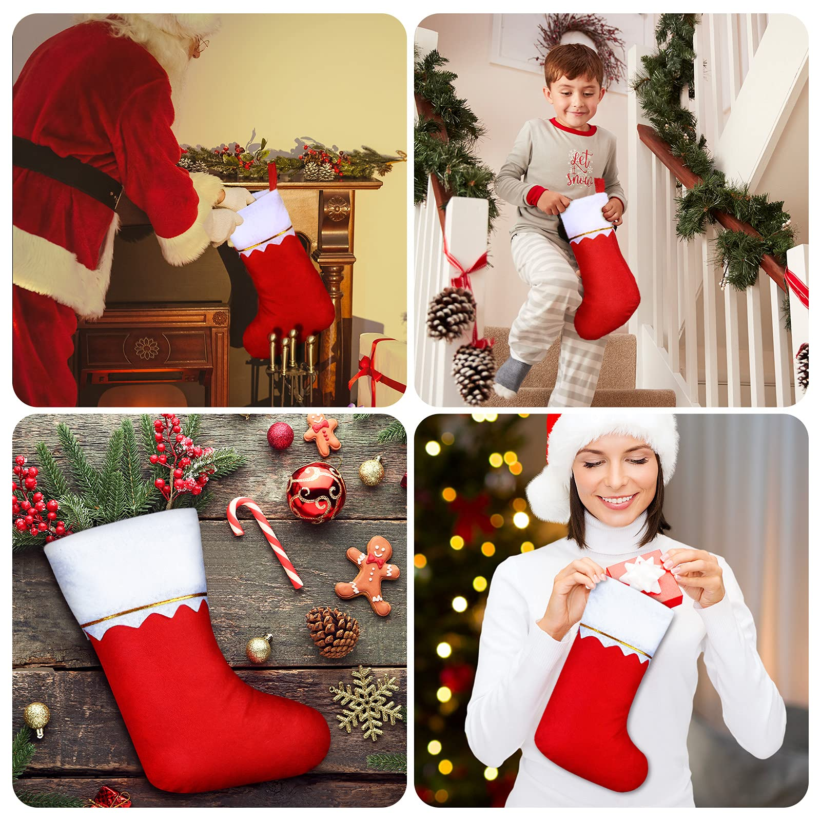 Weihnachtsmann, Kind und Frau mit Weihnachtsstrümpfen. Dekorationen umfassen Ornamente, Lebkuchenmänner und Tannenzapfen.