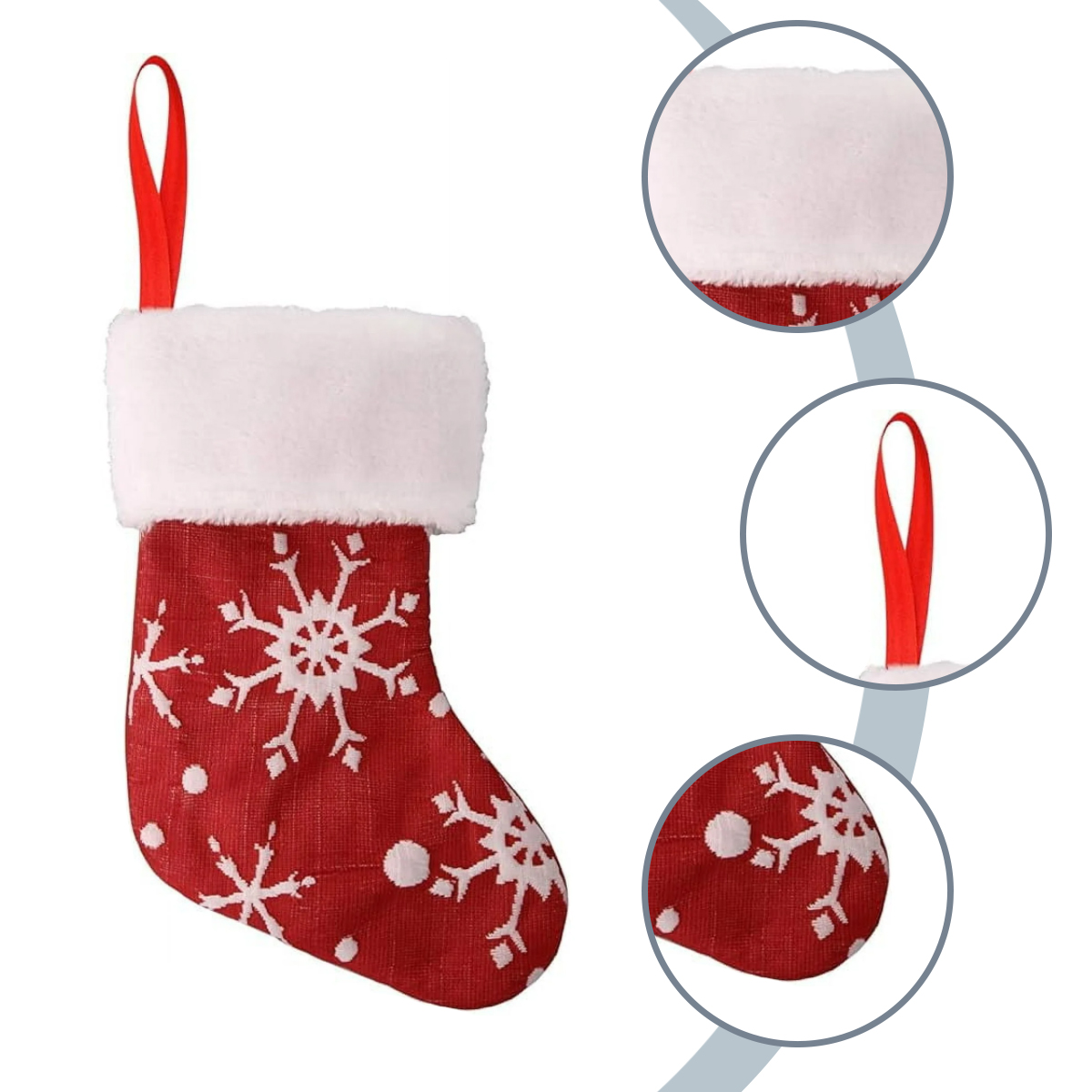 Ein roter Weihnachtsstrumpf mit weißen Schneeflockenmustern und einem weißen Fellbündchen, mit rotem Band zum Aufhängen.