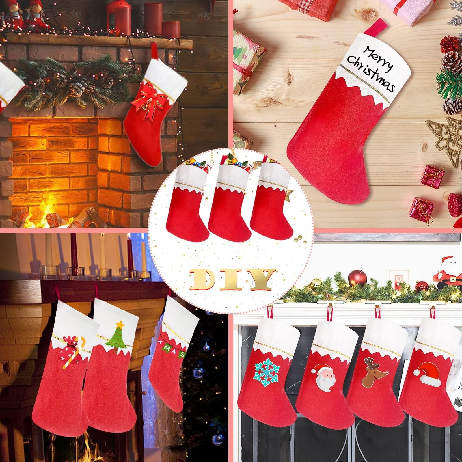 Eine Collage von Weihnachtssocken. Rot mit weißen Manschetten, einige mit Dekorationen. Kamin, Geschenke und DIY-Buchstaben sind sichtbar.