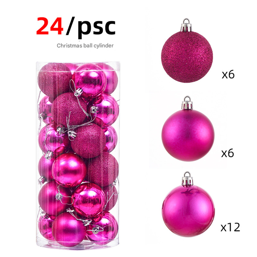 Das Bild zeigt 24 rosa Weihnachtskugeln. Einige sind glitzernd, andere glänzend. Sie befinden sich in einem durchsichtigen Zylinder und drei Gruppen von sechs und zwölf.