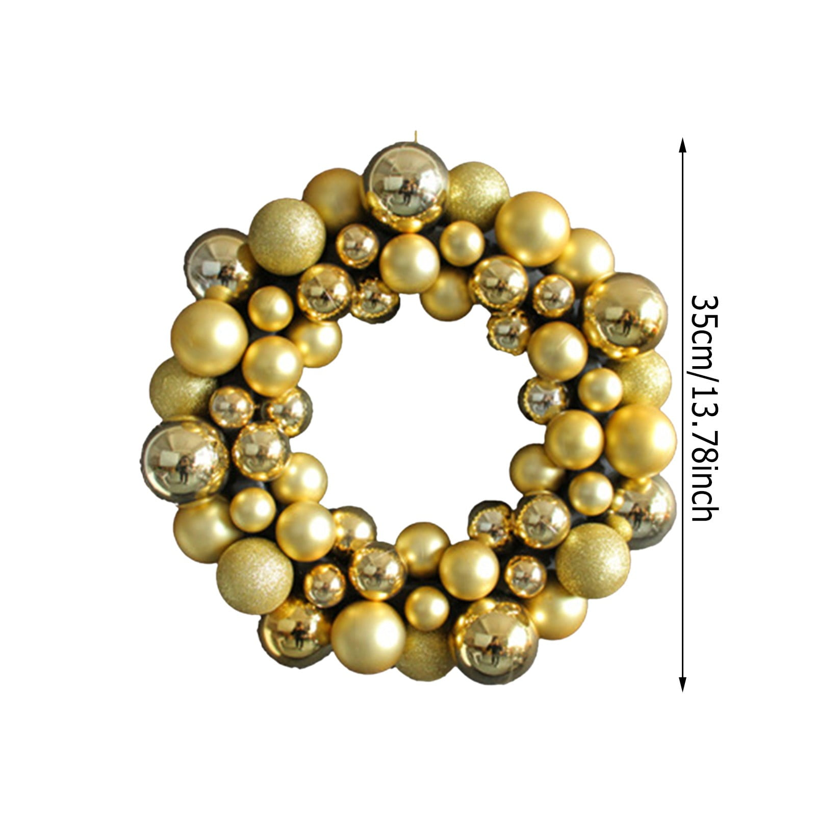 Ein goldener Kranz aus glänzenden und glitzernden Kugeln. Ein schwarzer Pfeil und Text geben die Größe an: 35 cm/13,78 Zoll.